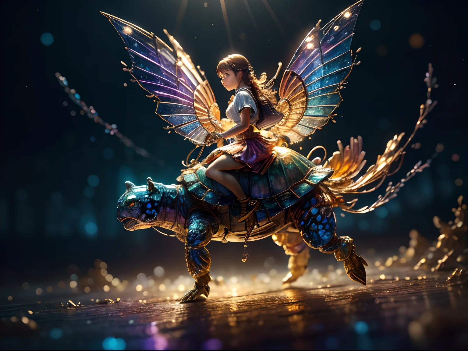 (Masterpiece, Top Quality, Best Quality, Ultimate Detail, Highest Detail, Official Art, Beauty & Aesthetics: 1.2), Golden Ratio, Full Composition, official art, Unity 8k wallpaper, super detailed, beautiful, (fractal art: 1.4), the school girl is riding on the rainbow turtle, flying over the town, full body, crystallineAI, from below, splash,crystal,rainbow