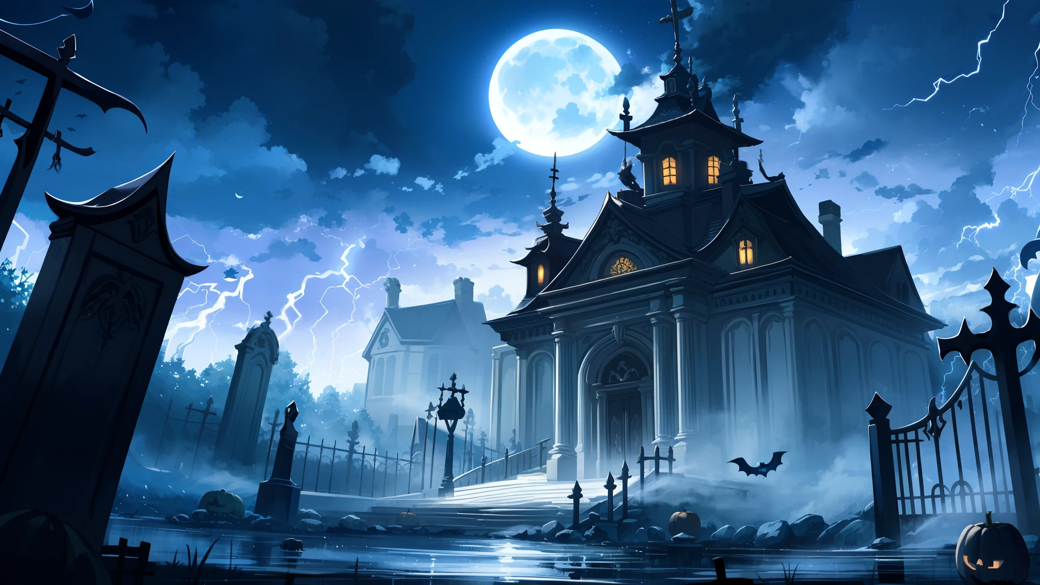 Spooky halloween landscape. Phantoms haunting cemetary with iron gate in foreground. Wet, dark, foggy, moon in sky, lightning. Jack 'o lanters on the ground. Purple green black vibrant