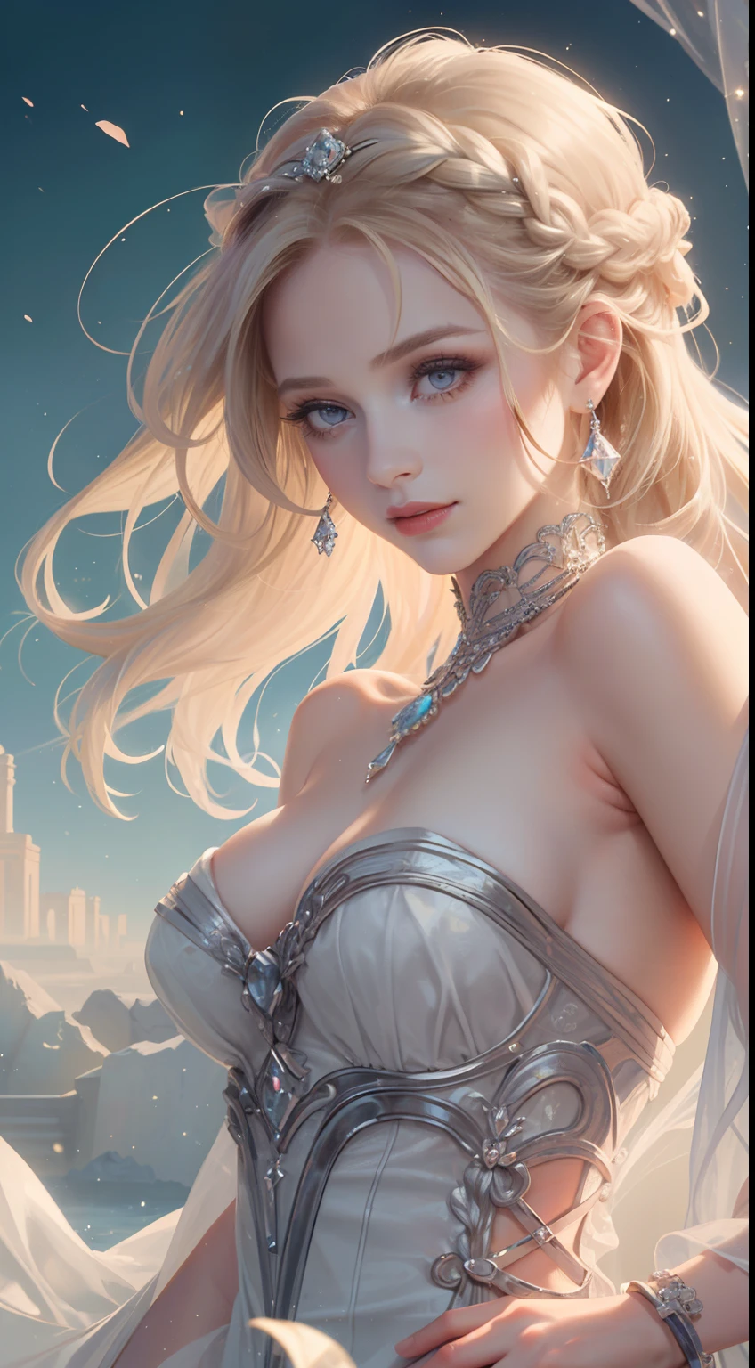 (Ultra-high quality masterpiece,Beautiful bust of an 18-year-old noble girl,Delicate classical coiled hair,Braided hair,The eyes are shiny and clear,Floral craftsmanship,crystal、Diamond jewelry,Ultra-fine details,Soft lighting)