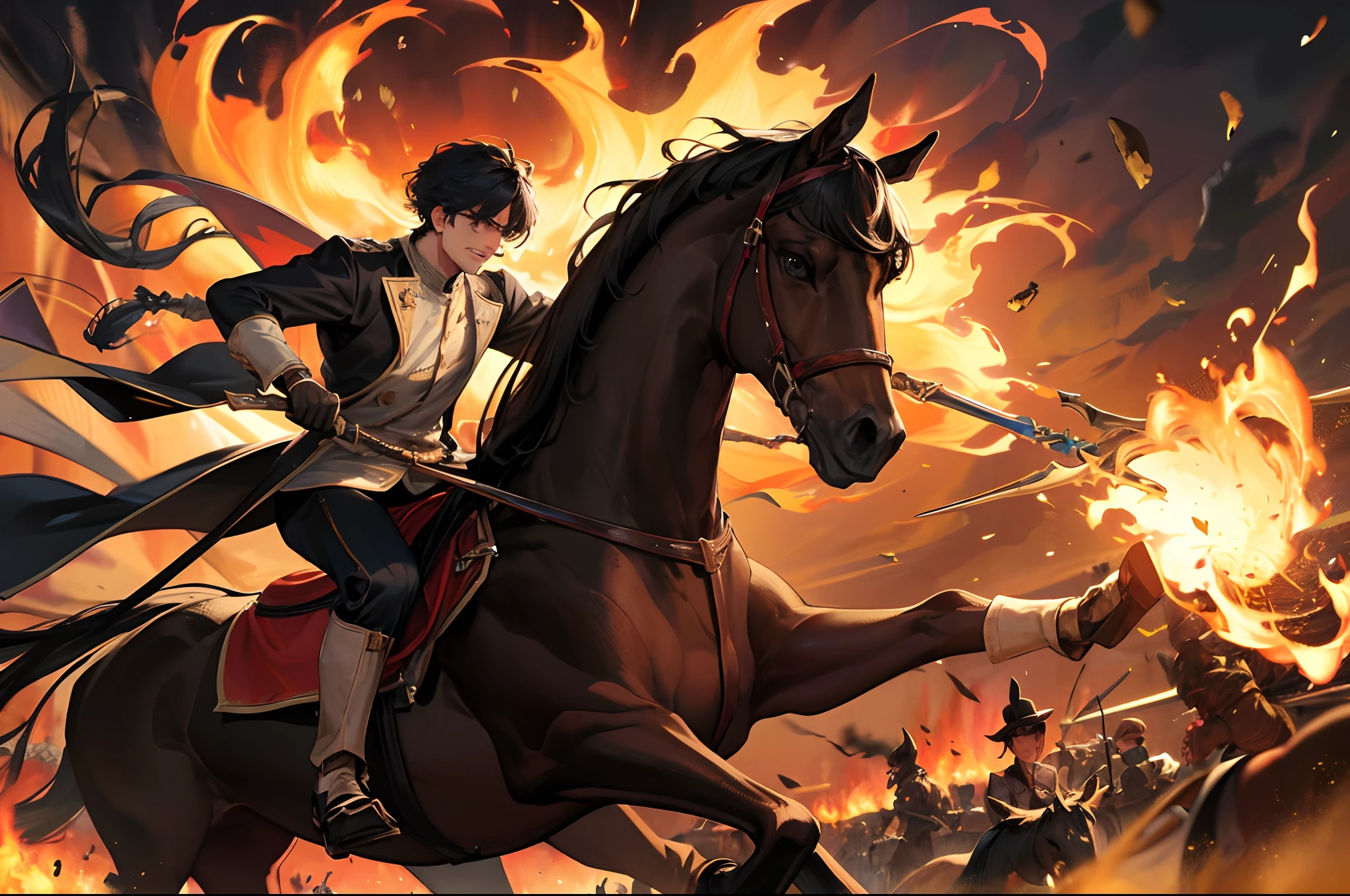 Round inch,Libido boy,Tough and handsome,Holding Fang Tian's halberd,Riding a flaming horse,Facing the tens of thousands of black war horses on the opposite side,A dozen more,