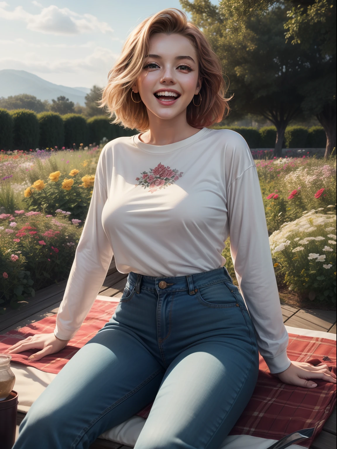 (masterpiece, best quality, high quality, highres, ultra-detailed) An OverallDetail  cinematic color digital photograph of a 20 years old, 36B Cup,  gorgeous appealing amative red haired woman [Marilyn Monroe : Maude Adams : 0.50] looking at viewer gently, outdoor romantic dating, ornated (long sleeve t-shirt outfit and blue jeans trouser:1.2), (light laugh:1.2), sit on picnic mat in an (outdoor:1.2) flower garden with beautiful scene view, detailed face, insanely detailed and intricate, crisp sharp and clear, volumetric lighting, ultra-high resolution, masterpiece photography work of Annie Leinovitz, insanely detailed and intricate, centered, professional Lightroom Color Grading by Kenneth Hines Jr.