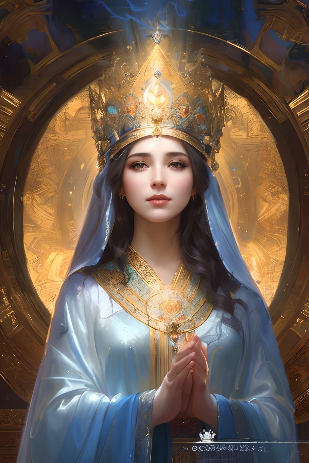 a painting of a woman in a blue robe and crown, majestic saint woman, a stunning portrait of a goddess, 3 d goddess portrait, queen of heaven, goddess portrait, slav epic, portrait of a beautiful goddess, craig mullins alphonse mucha, goddess. extremely high detail, portrait of queen of light, artgerm julie bell beeple, extremely detailed goddess shot