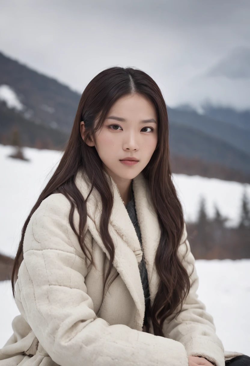 A long-haired Asian girl，Old off-white cotton jacket，Sit in front of the fire，The background is a snowy mountain in the wind and snow。Dark tones，Movie light。Heads-up mid-view，Cinematic style，complexdetails，8K，HDR，Portrait