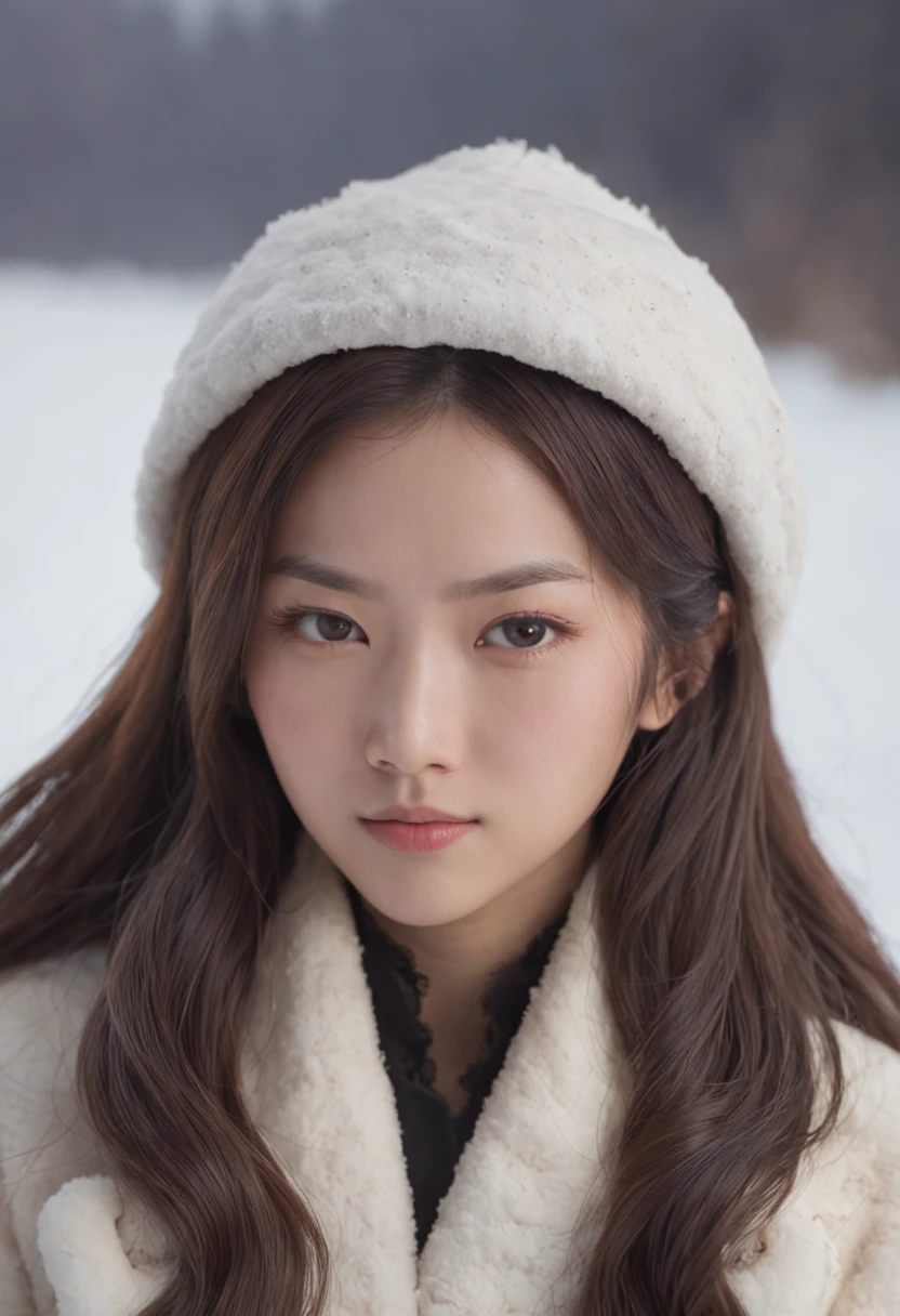 A long-haired Asian girl,Old off-white cotton jacket,Sit in front of the fire,The background is a snowy mountain in the wind and snow。Dark tones,Movie light。Heads-up mid-view,Cinematic style,complexdetails,8K,HDR,Portrait