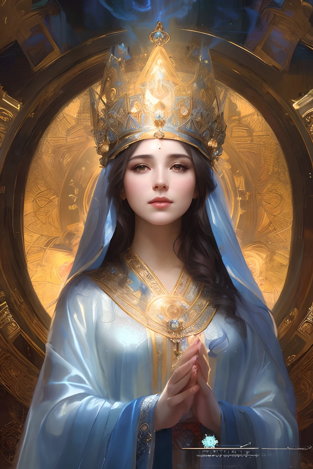 a painting of a woman in a blue robe and crown, majestic saint woman, a stunning portrait of a goddess, 3 d goddess portrait, queen of heaven, goddess portrait, slav epic, portrait of a beautiful goddess, craig mullins alphonse mucha, goddess. extremely high detail, portrait of queen of light, artgerm julie bell beeple, extremely detailed goddess shot