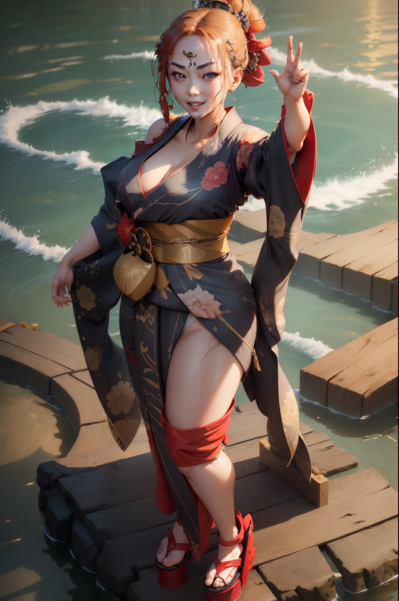 (((((((exposed shoulders, exposed cleavage, exposed thigh, exposed hips, wear strappy sandals, wear strappy thighs, 1human Japanese female, high-pony tail hair, big blue-eyes, thin lips, thin nose, full body view, grin smile, slander body，atlet body, dynamic standing pose) kimono) willow) platform) gold) red) black) abstract body paint)>>best quailty), tmasterpiece） A detailed）, Realistis）offcial art）, Very detailed CG unity 8k wallpaper）, Water magic) , Manipulating water) , element control) graceful movements) , Aquatic beauty）, Mysterious powers）, Serene expression）, Flowing tides）, Sparkling water droplets）, magic aura）, magic incantation）, Ripple waves）, Splendid water formation）, Emerges from a whirlpool of water）, Resonate with nature）commanding the elements）, translucent veils）, Wisdom and strength）, swirls of magic）, Glowing zigzag）, Harmony with the sea）, Mysterious origins）, harmonious balance），The power of tranquility），A fascinating spectacle），Immerse yourself in liquid magic），The proportions are correct，semi transparent
 INFO