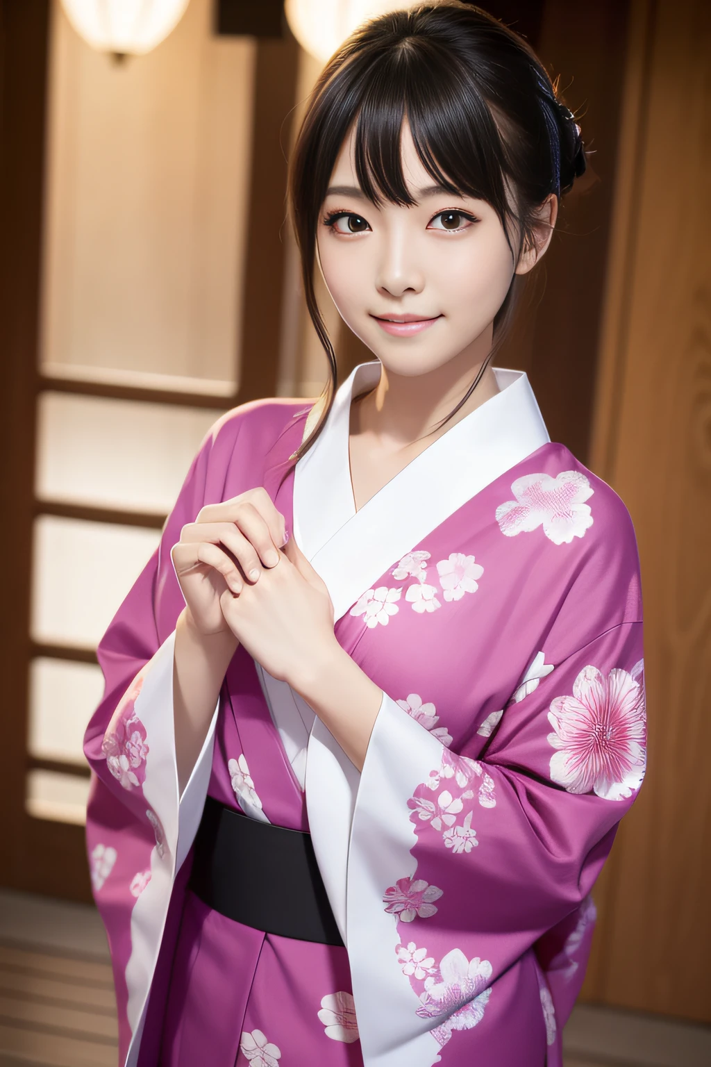 Best Quality、masutepiece、超A high resolution、(Photorealistic:1.4)、(Thin eyebrows:0.2)、(thin lipss:0.8)、(small nose:0.8)、Appearance without makeup、japanes、adult lady、(Colorful yukata:1.2)、(collars:1.2)、Smile、(the perfect body:1.2)、run、dynamicposes、(small nipple:0.7)、Big breasts、firework background、shrine background、Night background、By Michelangelo、ulzzang -6500-v1.1