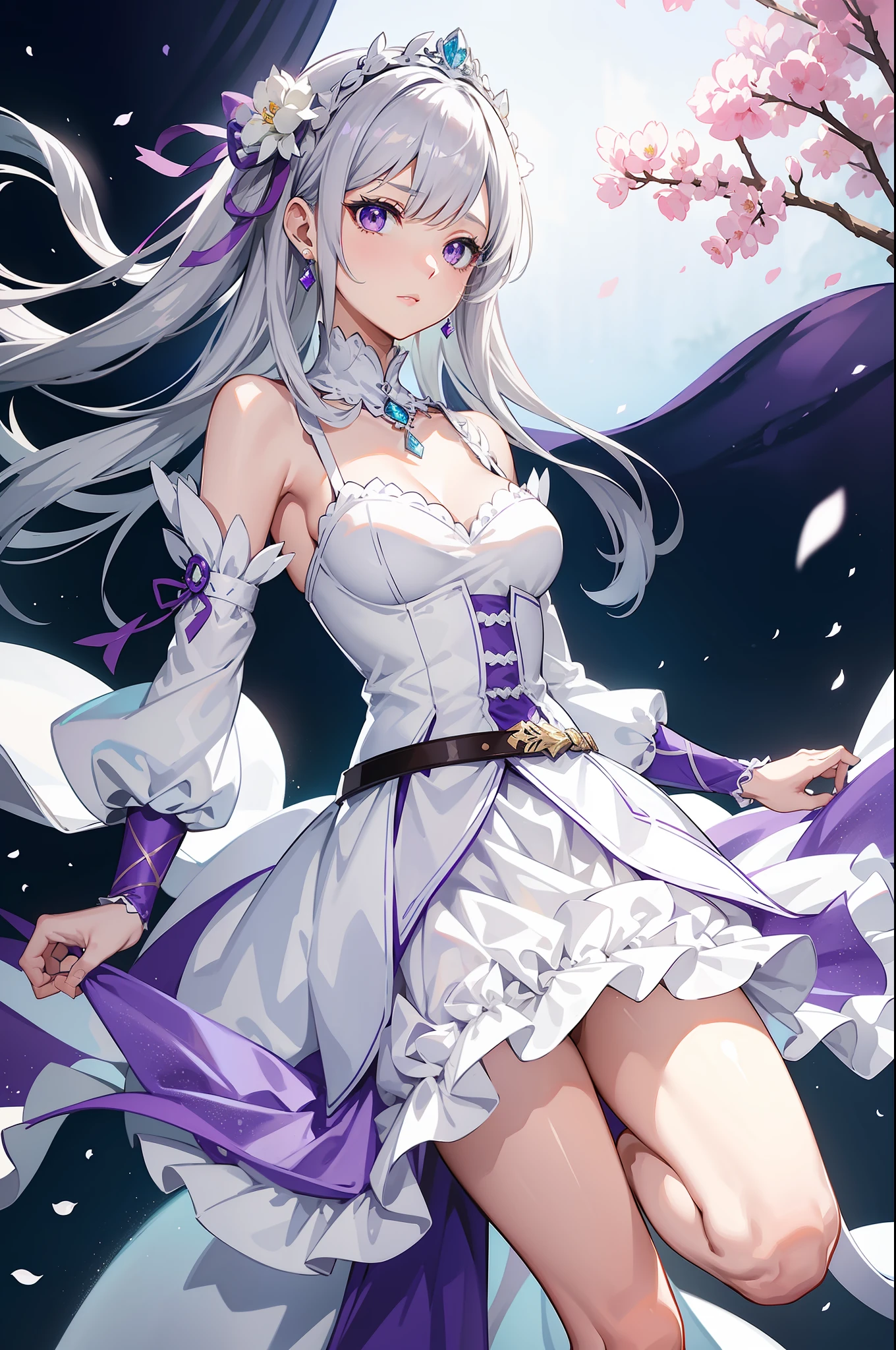 Emilia Re:Zero kara Hajimeru Isekai Seikatsu, gorgeous white and purple wedding dress, holding a bunch of flower, silk accesory, veil, grace hair style, flower flying effect, garden background, perfect body shape, small breast, empress and forzen aura, detailed skin, silver necklace, diamond ring, masterpieces, silver and light purple pupil, heavy make up, best quality anime 4k wallpaper quality, extreme eye detail, flower earring, belt, collar