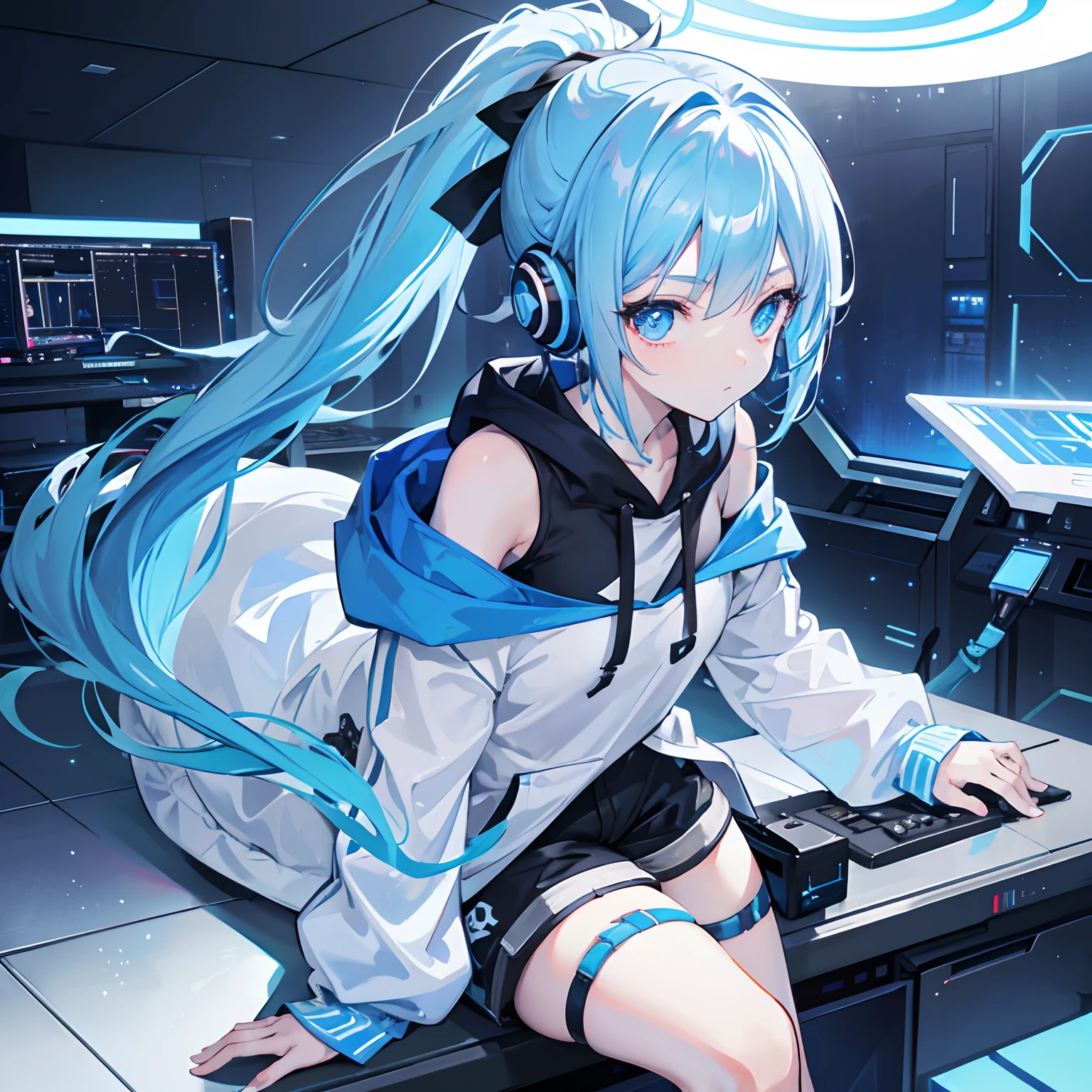 Indoor, girl wearing a blue hoodie, ice blue hair, ponytail, shoulders exposed, wearing headphones, blowing bubble gum, shorts, thigh straps, slippers, girl listening to music, cute and playful girl, blue eyes, relaxed atmosphere, close-up lens, masterpiece, best quality, high-resolution, beautiful face, 8K illustration, indoor lighting, edge light, luminescence, volume light, light particles, Unreal Engine 5, anime style, dynamic graphics, futurism, (2.5D graphics), fashionable, isometric design, symmetrical portrait, modern