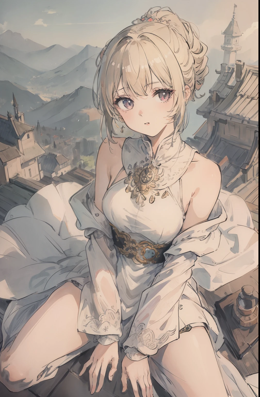 absurderes, A high resolution, ultra - detailed, 1girl, 独奏, Extremely detailed eyes, Ultra-precise depiction, Ultra-detailed depiction, (zentangle:1.2), (dynamicposes), (abstract backgrounds:1.5), (Three dresses:1.2), Short platinum blonde hair, (shiny skins), many color, The upper part of the body, (From above 1 girl outdoors, late, starrysky, in a panoramic view, scenecy, horizon, the roof, sitting on rooftop, ventania