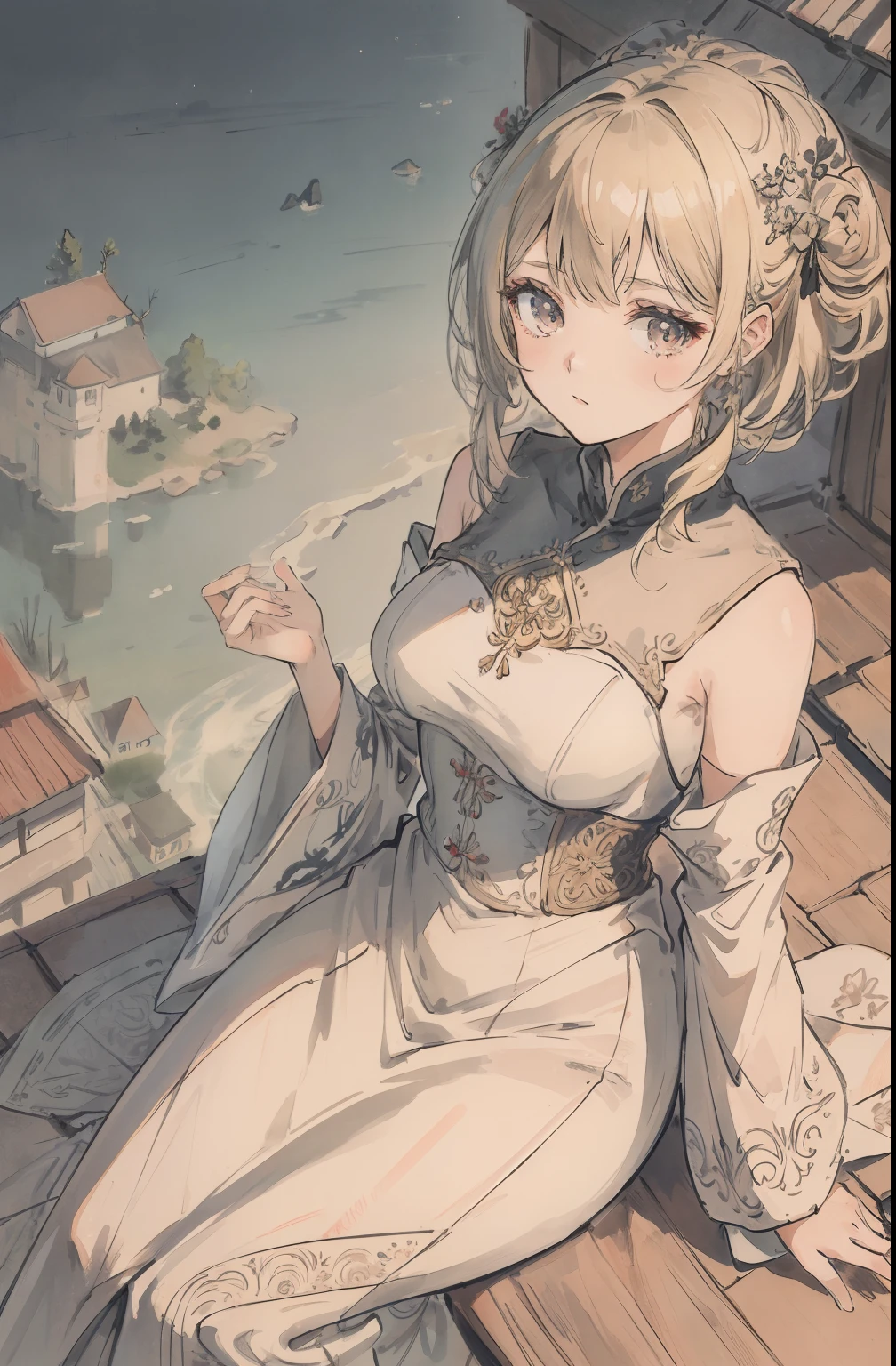 absurderes, A high resolution, ultra - detailed, 1girl, 独奏, Extremely detailed eyes, Ultra-precise depiction, Ultra-detailed depiction, (zentangle:1.2), (dynamicposes), (abstract backgrounds:1.5), (Three dresses:1.2), Short platinum blonde hair, (shiny skins), many color, The upper part of the body, (From above 1 girl outdoors, late, starrysky, in a panoramic view, scenecy, horizon, the roof, sitting on rooftop, ventania