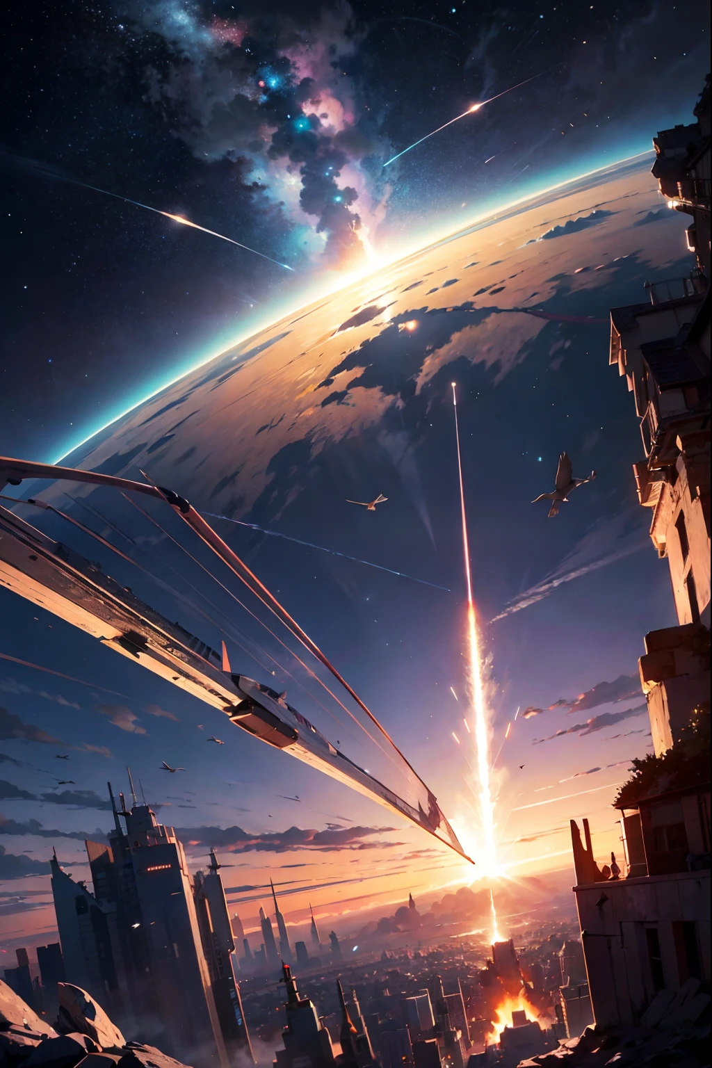 wide wide shot，（Look up），Look up at the sky from the ground，Expansive landscape photograph，（Faraway view:1.8），（A huge blue planet in the sky in the distance） ，Birds fly in the near air，Meteorite fall，The plane exploded，Meteor Fall，rocket launching into the sky，Multi-layered, Complicated details，Volumetriclighting，Realism BREAK（tmasterpiece：1.2），（best qualtiy），Ultra-detailed，（dynamic compositions：1.4），Colorful details, otherworldly charm, Clear sky,, Super detail, ccurate, Best quality，8K