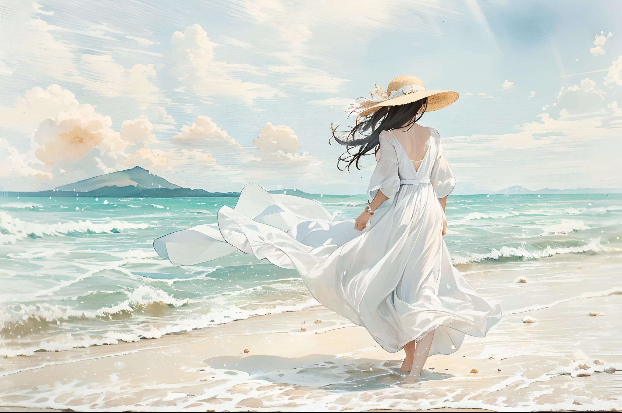 A woman in a white dress strolling along a beautiful white sandy beach almost has her straw hat blown off by a strong wind, and she hurriedly holds it down with her hand. Background/// The beautiful sea is a shallow beach with waves. The white sandy beach is beautiful with corals and shells. Beyond the sea are mountains like Diamond Head and yachts,soft focus , light gradation watercolor , dreamy , white background