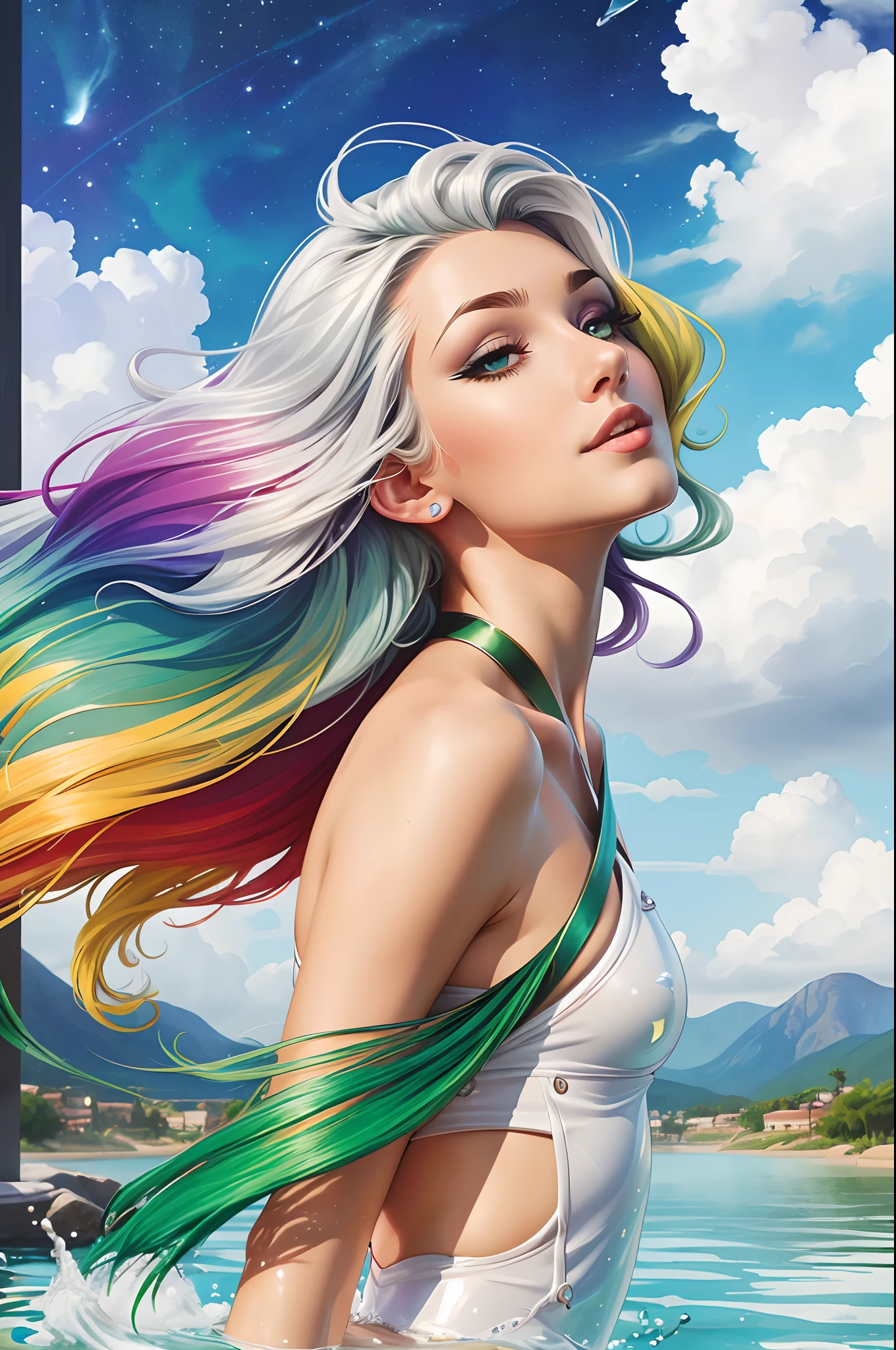 ((tmasterpiece)), hiquality, Ultra-detailed, Drawing with computer graphics in 8k style, the best illustration, Graceful and beautiful, Floating, hight resolution, Dynamic perspective, Dynamic posture, (young Jody Ann Paterson), blue eyes, (multicolour hair+Silver hair:1.3+redhead hair:1.2+purple hair+yellow hair strokes:1.3+green hair:1.3), white clothing, neck ribbon, beatiful face, excessive amount of water droplets, Clouds, nightfall, Wide Frame, watercolour.