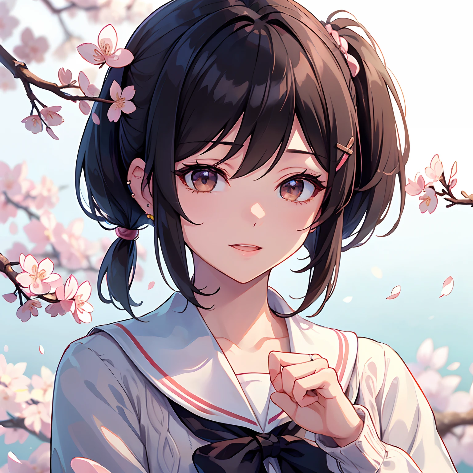 (masterpiece), (portrait), (aesthetic), (beautiful), (upper blody), (high quality), (aesthetic clothings), (professional angle), (rule of thirds), (Feminine), (woman), (female), (beautiful),(feminine features), (23 years), solo, 1 woman, (attractive Japanese), Spring, Natural light, (Cute), Fresh Makeup, (Petite bust), ((holding a Sakura Branch)), (Angle face), (Playful expression), ((Excited)), Hair Clips, Ear Piercing, ((Short hair)), (Black hair), (Pigtails hair), (Straight hair), Shiny shine hair, (Ribbons in hair), (Brown eyes), (Kawaii look), (Fair skin), (Pastel Colors clothing), (Sailor Dress), (Cardigan), (Skirt), Peter Pan neckline), ((Cherry Blossoms background)), (- in background), (Close-up shot), beautiful hands, two hands, normal hands, two arms, complete hands, beautiful body, beautiful fingers, normal fingers, five fingers, five fingers, (Thumb index meddle ring little fingers), beautiful ears, normal ears, beautiful eyes, shiny eyes, beautiful mouth, beautiful lips,