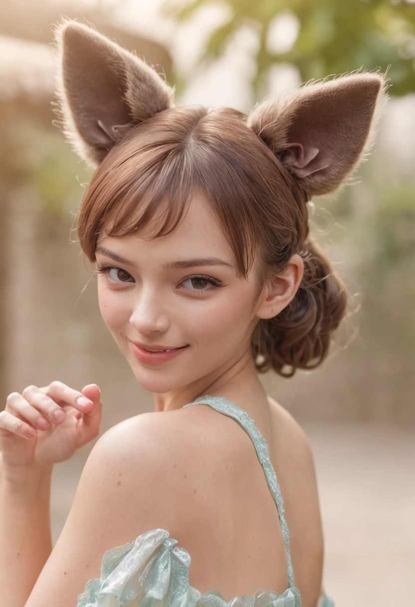 hair bobbles, wince, solid circle eyes, fake animal ears, light smile, ear blush, fang, Surrealism, drop shadow, anaglyph, stereogram, tachi-e, pov, atmospheric perspective, 8k, ccurate, best quality, UHD, masterpiece, textured skin