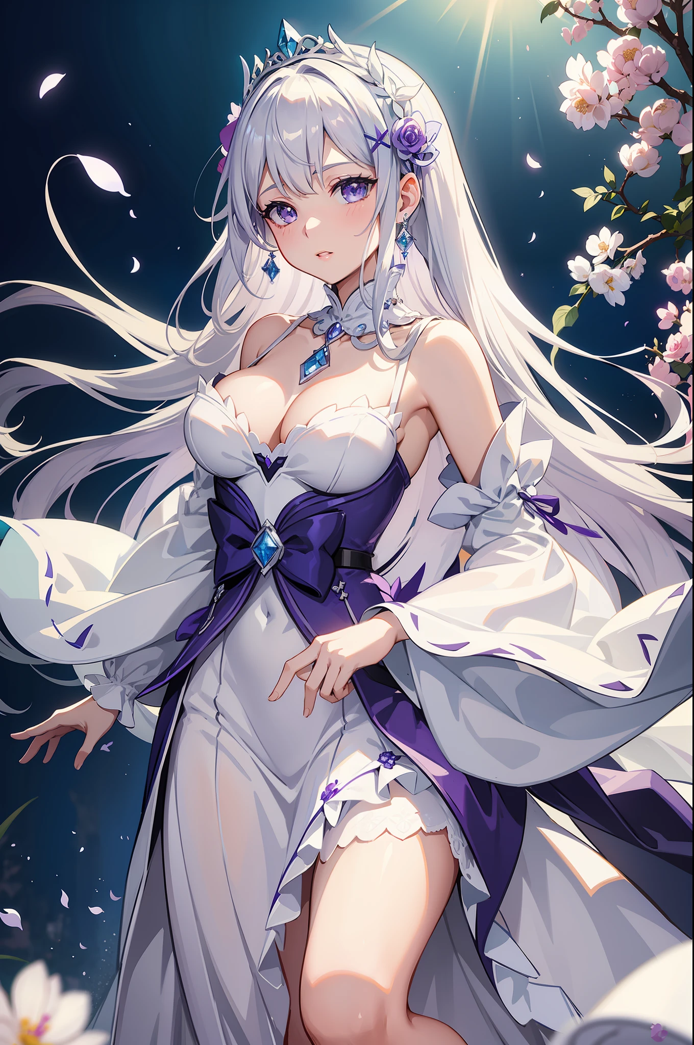 Emilia Re:Zero kara Hajimeru Isekai Seikatsu, gorgeous white and purple wedding dress, holding a bunch of flower, silk accesory, veil, grace hair style, flower flying effect, garden background, perfect body shape, small breast, empress and forzen aura, detailed skin, silver necklace, diamond ring, masterpieces, silver and light purple pupil, heavy make up, best quality anime 4k wallpaper quality, extreme eye detail, flower earring, belt, collar