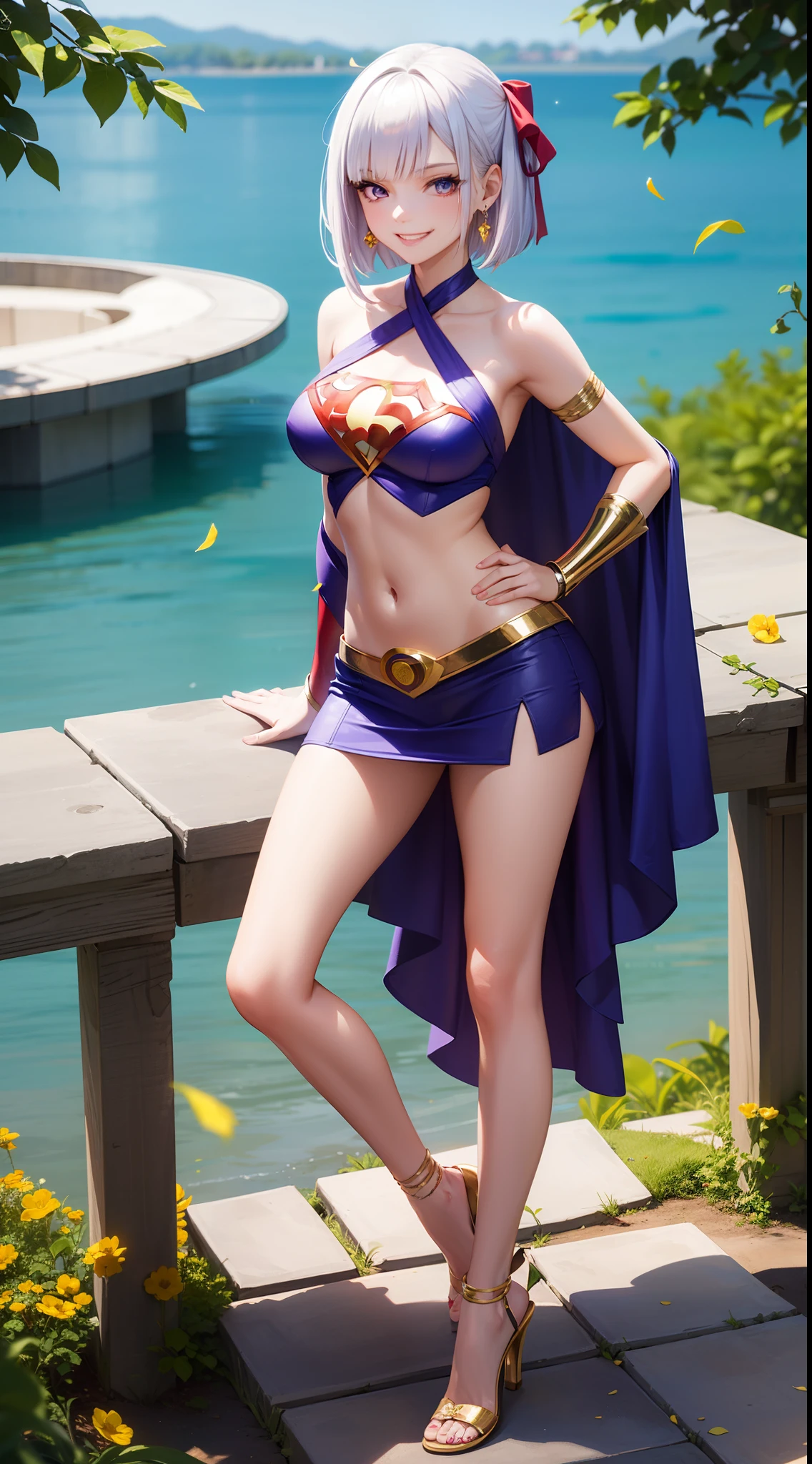 ((superheroine)), matou sakura, young, white long bob hair, full body, hair ribbon, light purple halter neck, mini skirt, gold armlet, gold high heels, evil smile, Sassy, smirk, hand on hip, earring, navel, flower petals, looking at viewer, lake setting