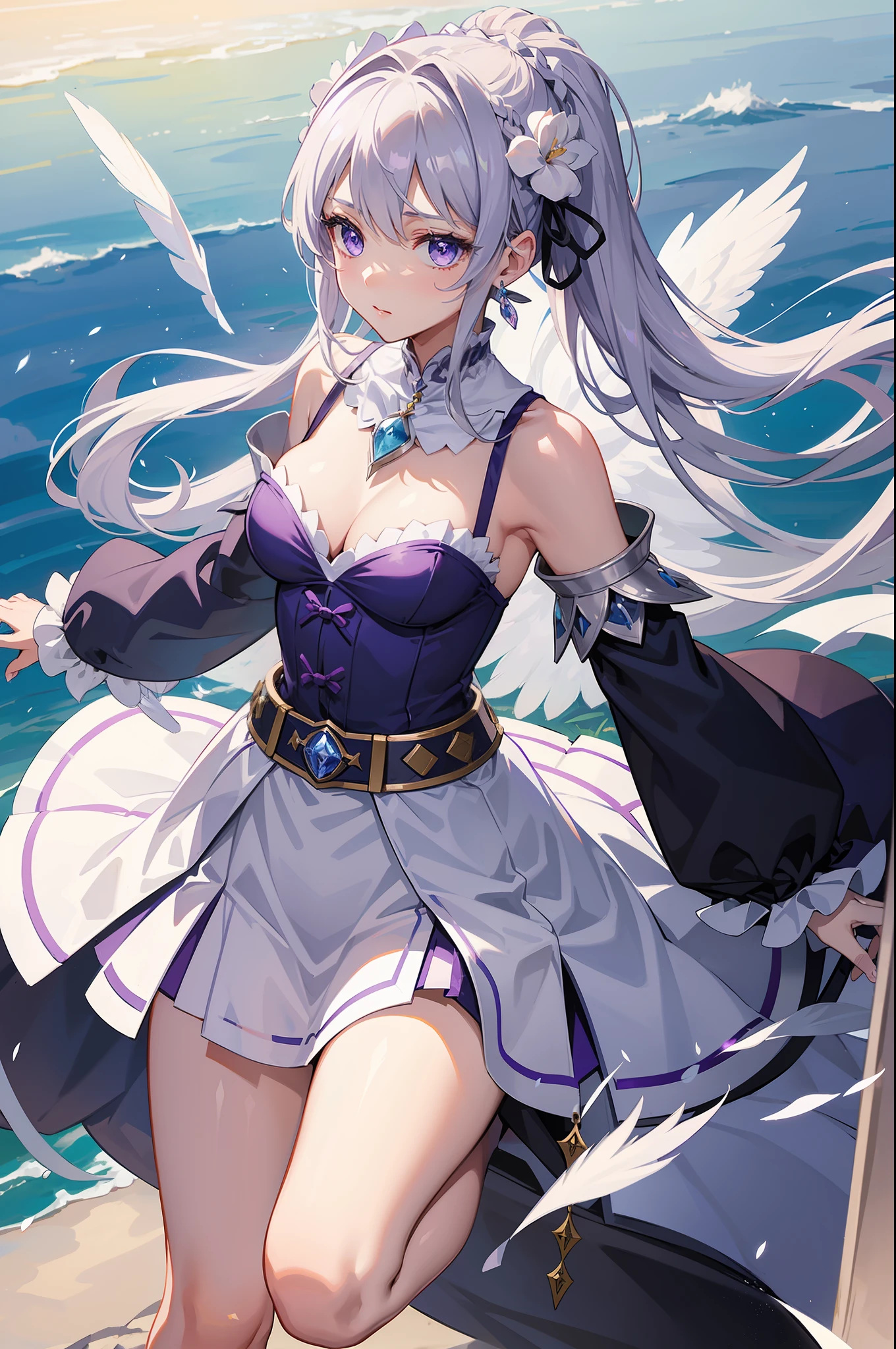 Emilia Re:Zero kara Hajimeru Isekai Seikatsu, purple and white color armor set, gem accesory, veil, high pony tail hair style, slashing and feather effect, garden background, perfect body shape, small breast, holy and forzen aura, detailed skin, silver necklace, diamond ring, masterpieces, silver and light purple pupil, heavy make up, best quality anime 4k wallpaper quality, figure like model, extreme eye detail, angel wings, flower earring, belt, cape, collar