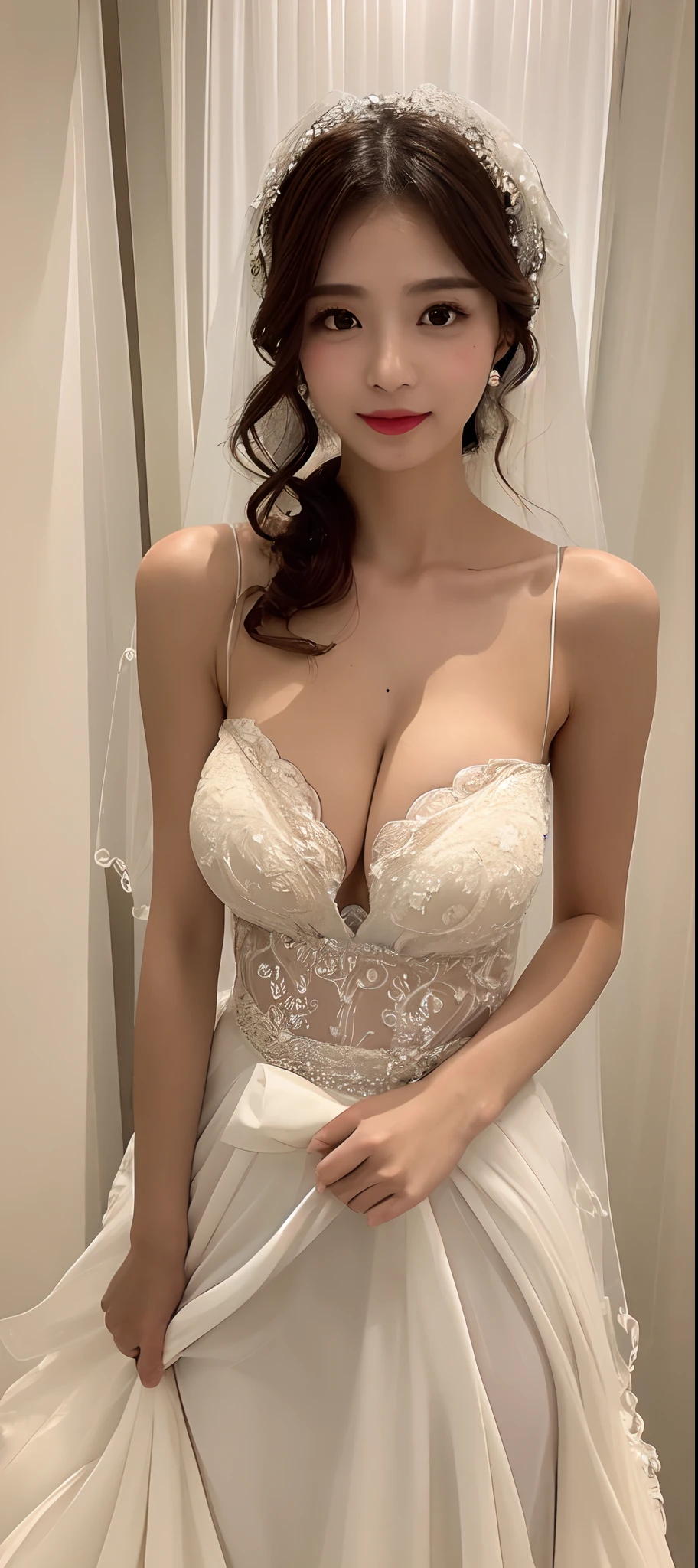 (8K, Highest high resolution:1.3), 1 girl with a perfect body, Super fine face,eyes with brightness,random hair style, Shoulders exposed,((Bandeau dress,wedding gown,tight-fitting,huge tit)), Expose cleavage,Exposing thighs