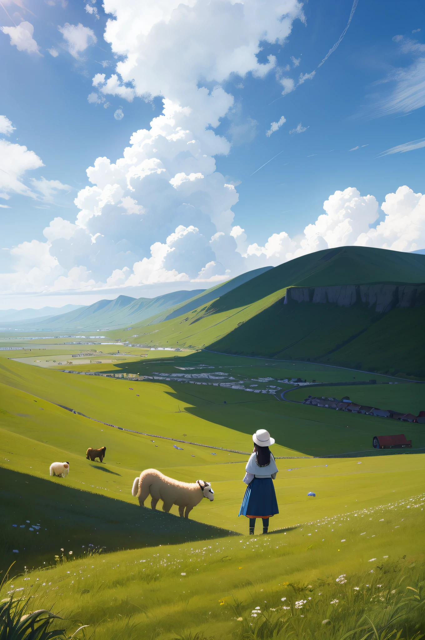 with blue sky and white clouds,The vast grasslands are dotted with yurts,Raise the smoke,There are also three or two shepherd children herding sheep,Realistic style,down view,Top image quality