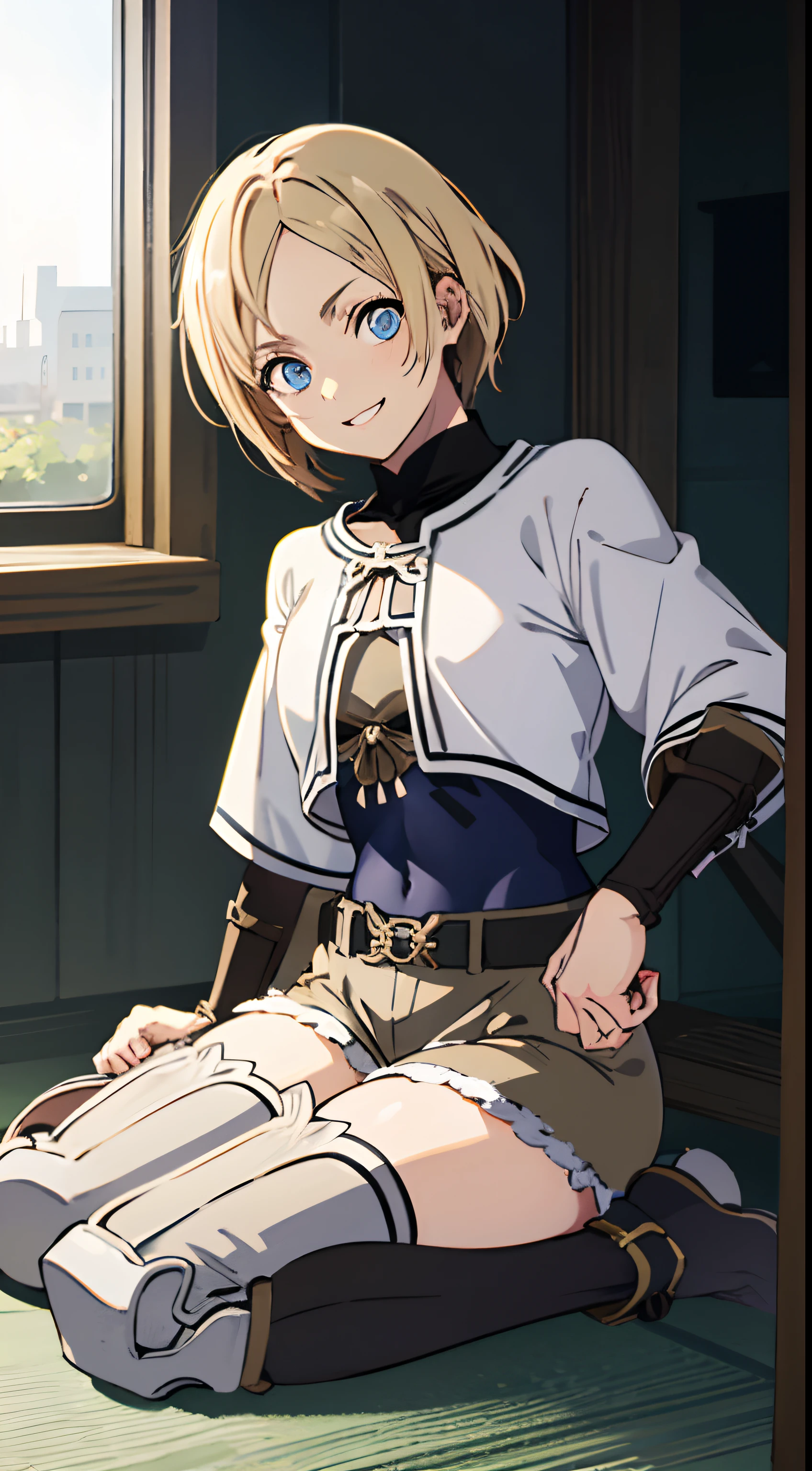 masutepiece, Best Quality, hight resolution, sara, up looking_で_viewer,  asymmetric_hair, interiors,  Sitting, Soft lighting, Blonde_hair, Blue_Eyes, white_Capelet, Black_Shorts, white_thighs thighs thighs thighs, furr_trim, Belt bag, brown_hand armor, Single_hand armor, Leotard_Under_Clothes,A smile