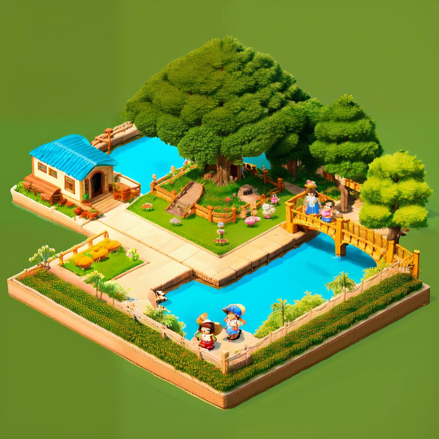 pixel game，（Pixel art：1.4），Q version《 girl with teddy bear》，Straw Hat Hat，basket，Floral dress，Little red leather shoes，The tree，small bridge flowing water，small boats，Flowers and plants，（Future Tech Hostel：1.4），Cogumelos，isometry