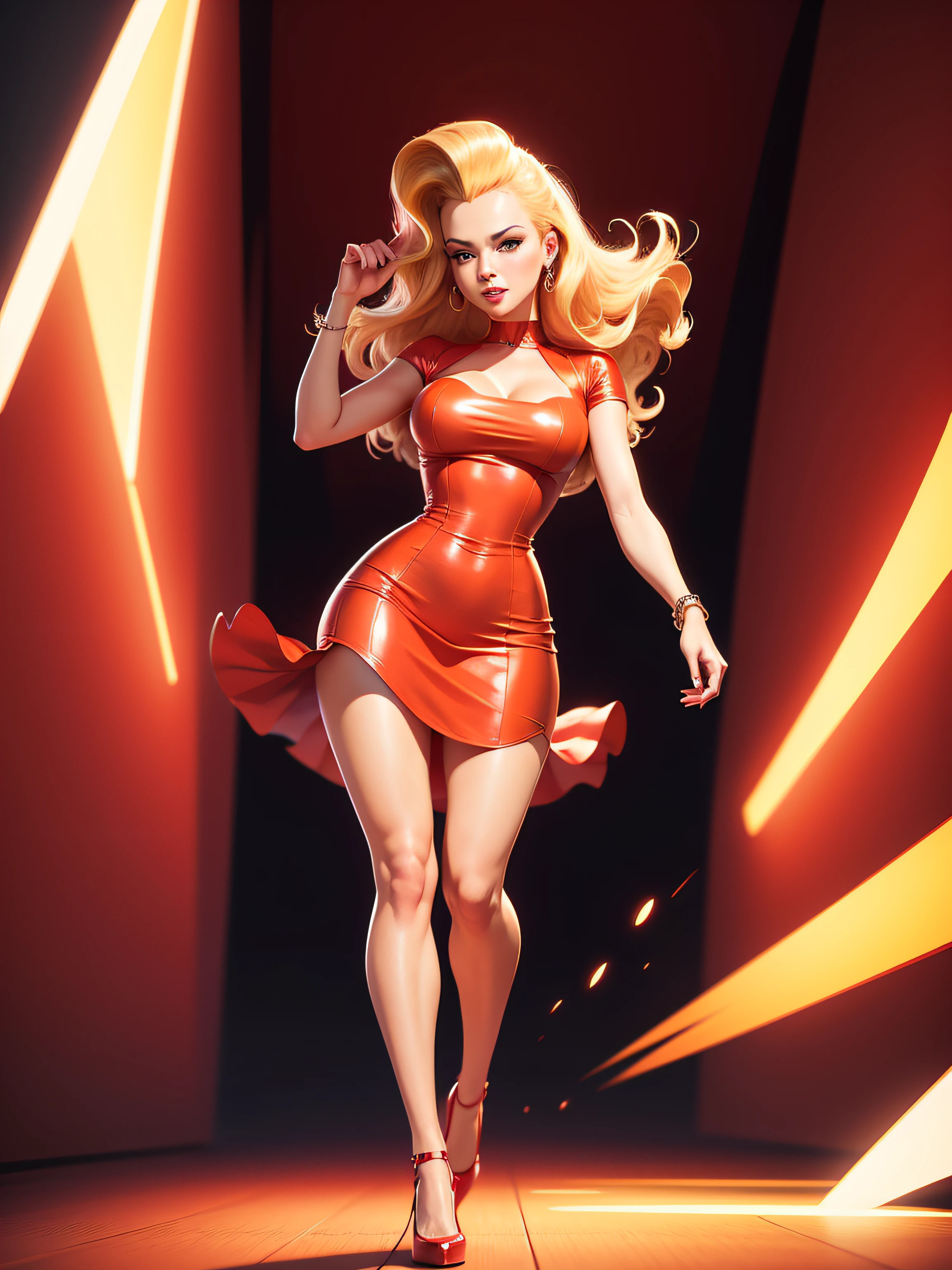 sexy girl full body, red dress, blonde hair, flashy look, 50's cartoon style, vector image, no background, clip art style