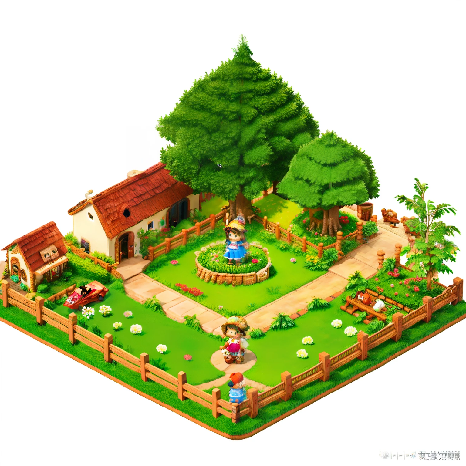 pixel game，（Pixel art：1.4），Q version《*********** with teddy bear》，Straw Hat Hat，basket，Floral dress，Little red leather shoes，The tree，small bridge flowing water，small boats，Flowers and plants，（Future Tech Hostel：1.4），Cogumelos，isometry