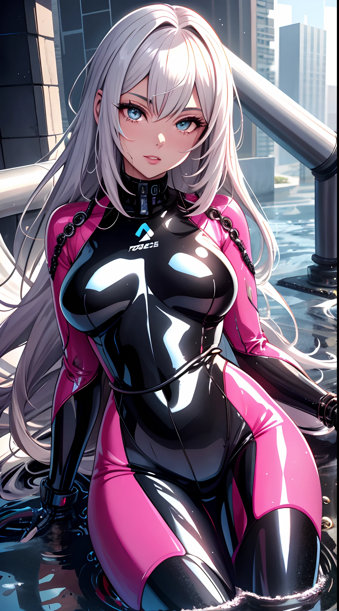 Arafard woman in a wetsuit sitting in a puddle, glossy wet skin!!, Wet shiny skin, Made of liquid metal, broken beautiful female android!, beautiful female android!, perfect android girl, seductive anime girls, Biomechanical OPPAI, an oppai cyberpunk, Drenched Body, Pink body, Latex skin, Girl vs, Wet look