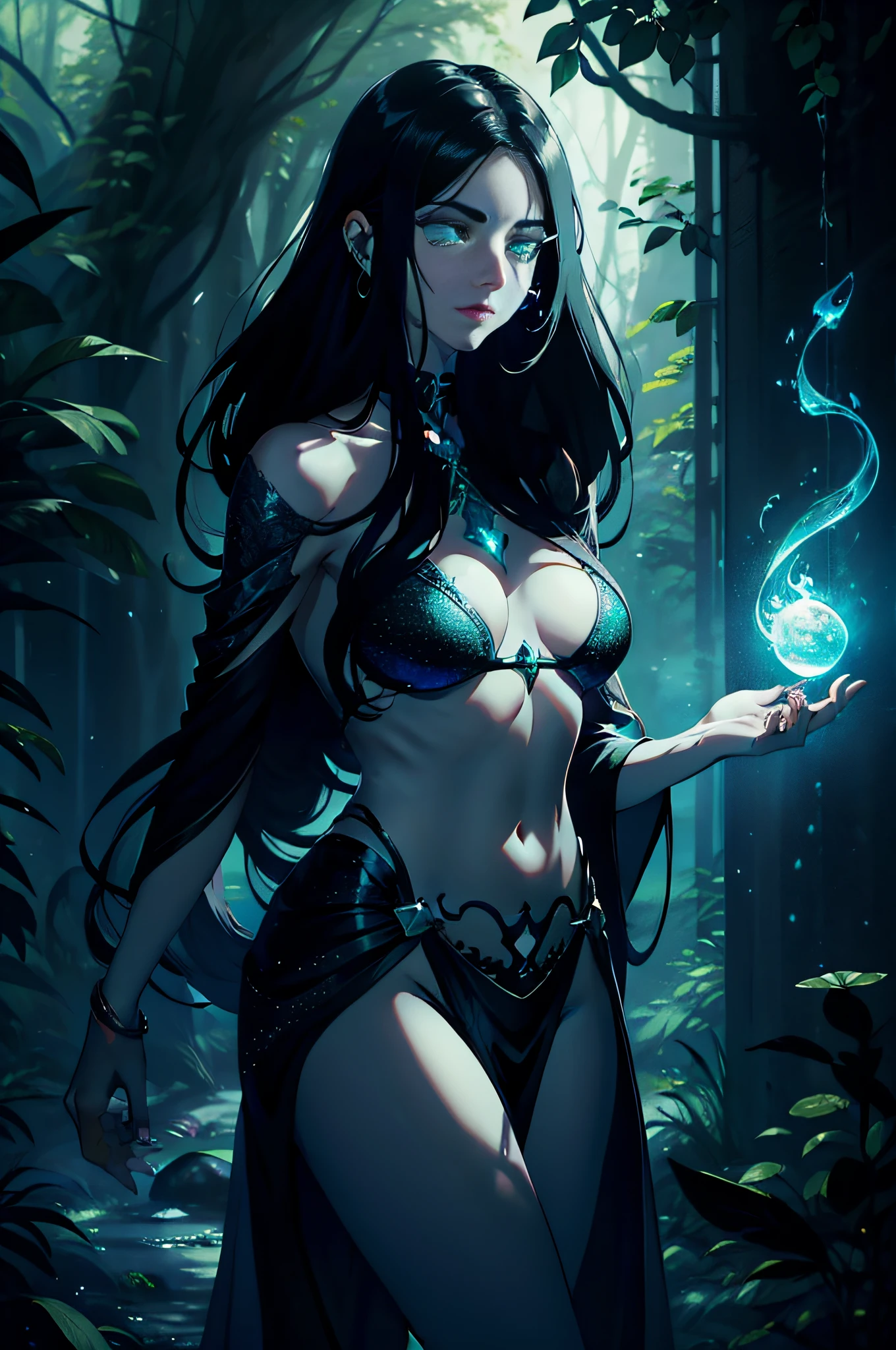1 woman, Angel body, captivatinggaze, Silky black hair, scales, Glowing tattoos, Green eyes, Seductive smile, Flowing robes, magical staff, casting spell, mystical aura, Serpentine movement, Forest background, Moonlit Night, Swirling mist, Ethereal beauty, fantastical creature, surreal atmosphere, Enchantment, mesmerizing charm, Magical power, Ability to cast spells.