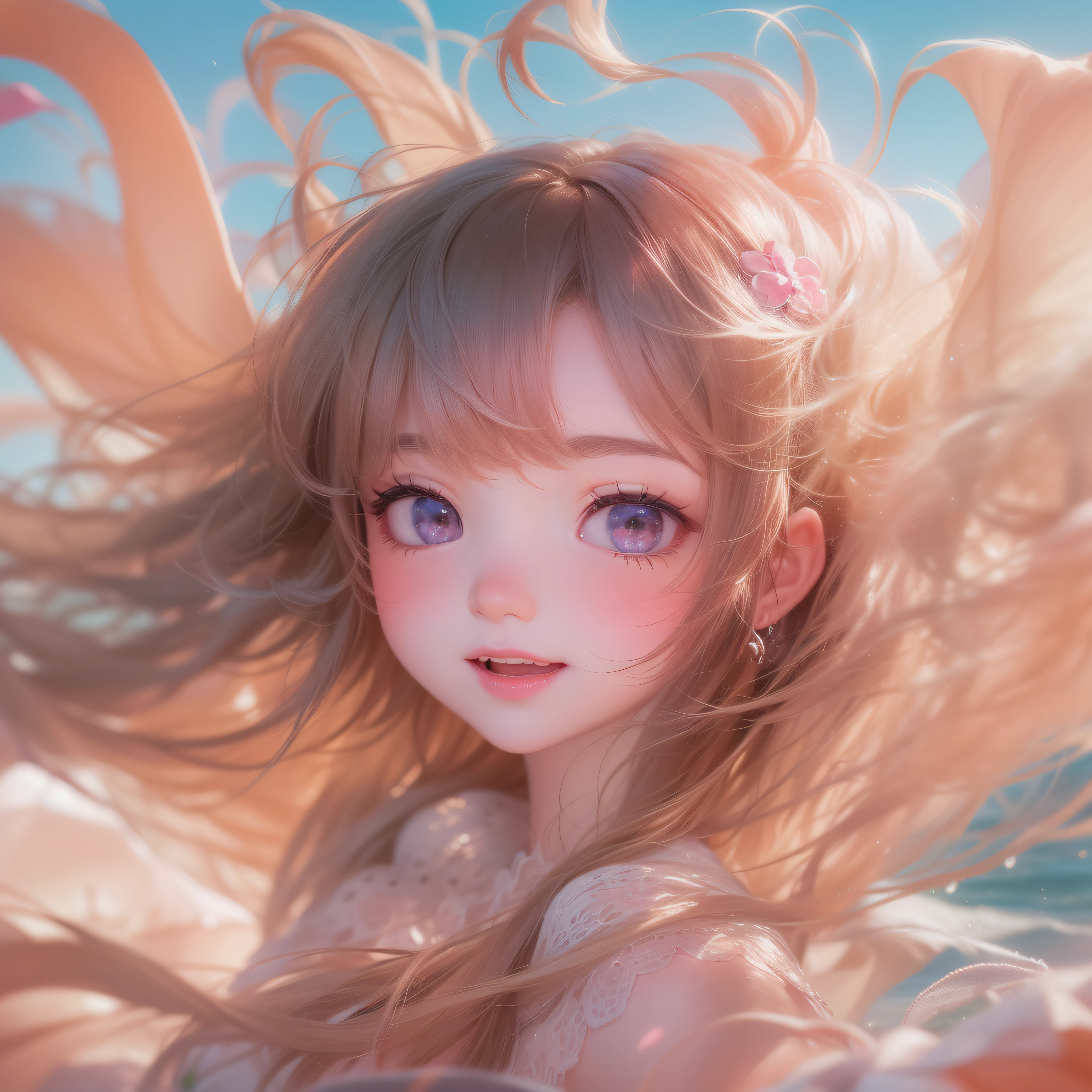 Focus on ∞、Focus on ∞、Focus on ∞、Close up of smiling face with open mouth、Close up of smiling face with open mouth、Close up of smiling face with open mouth、Close up of smiling face with open mouth、Close up of smiling face with open mouth、(masterpiece、realisitic、hight resolution)、(1 girl in):1.2)、Do-Up Eye、Korean Girl、(Best Quality), (masutepiece), (1girl in), Solo, Beautiful Girl, Perfect face, Hands hide, Big Breast,Swimsuit Costumes, Cool pose、dreamlikeart、Highly detailed airbrush art(((Surreal))、intricate detailes、Volumetric lighting、(masterpiece:1.2)、(top-quality)、The ultra-detailliert、(The composition of the movement:1.4)、Highly detailed colorful details、(Irridescent color:1.2)、(Bright lighting、Atmospheric lighting)、dream-like、Magical、dynamic compositions、Ray traching、The mirror reflects light、Shallow depth of field、crazy detail details、ultra-detailliert、mixing exposure、nffsw、Super masterpiece、Her eyes are glowing pink、Hands are hidden、Staring at the pink sea。Her pink face is full of anticipation and courage for adventure.、A smile appears on her pink lips。 At the rear、The sun is slowly tilting to the west。Its light brings pink light to the surface of the sea、The swaying waves create a beautiful scene。Her eyes are clearly glowing pink。Lots of pink