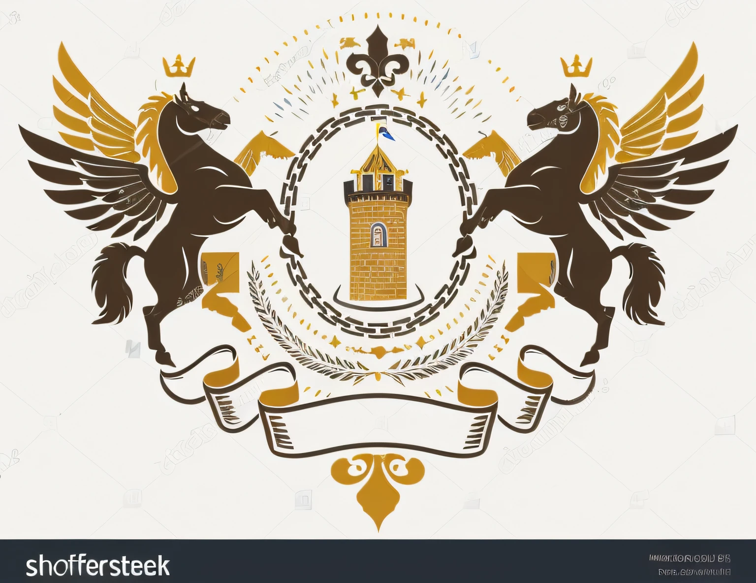 A horse and a castle with wings and ribbons, royal insignia in background, shutter inventory, art deco medieval style, heraldry, Symmetry intricate details, medieval art style, Medieval graphics, Symmetrical illustration, Middle Ages style, Armory, 👰 🏇 ❌ 🍃, shutterstock contest winner, trending on shutterstock, Family crest, symmetrical image