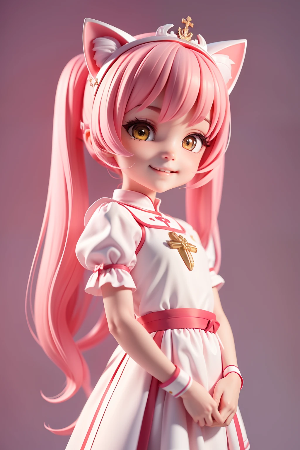 girl female character, cat ears, pigtail style hair, red tiara on her head, classic pink and white clerical clothing, sweet smile, thin