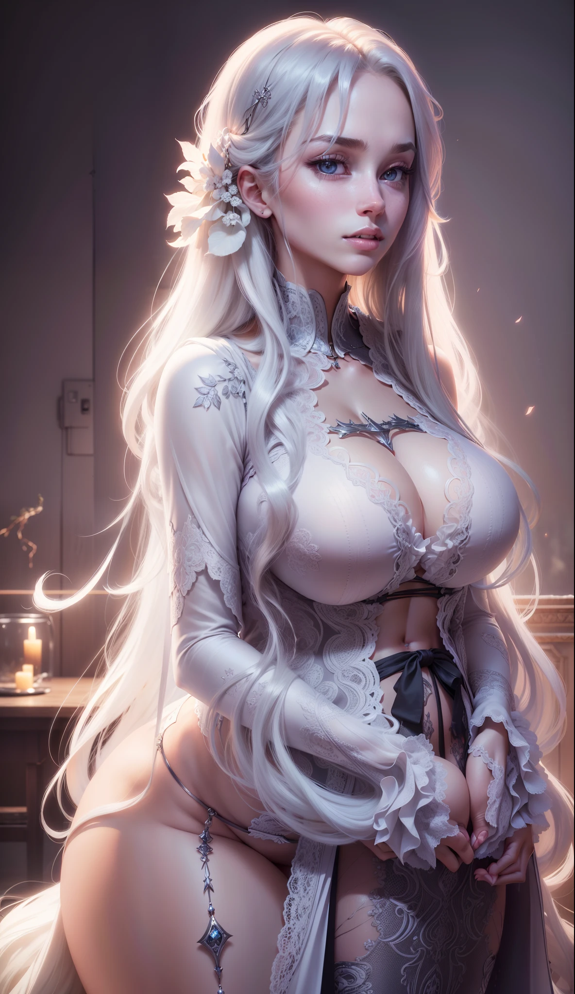 Best quality, (Photorealistic:1.2), Hyper-Resolution,long whitr hair,long leges,Ultra-realistic 8K CG,Flawless face,flawless perfection,full bodyesbian,huge tit,Huge breasts,A sagging breast,long leges,Slim,being thin,tightsuit,Lower chest position,Swollen breasts,crisp breasts,Breasts during lactation,Lactation