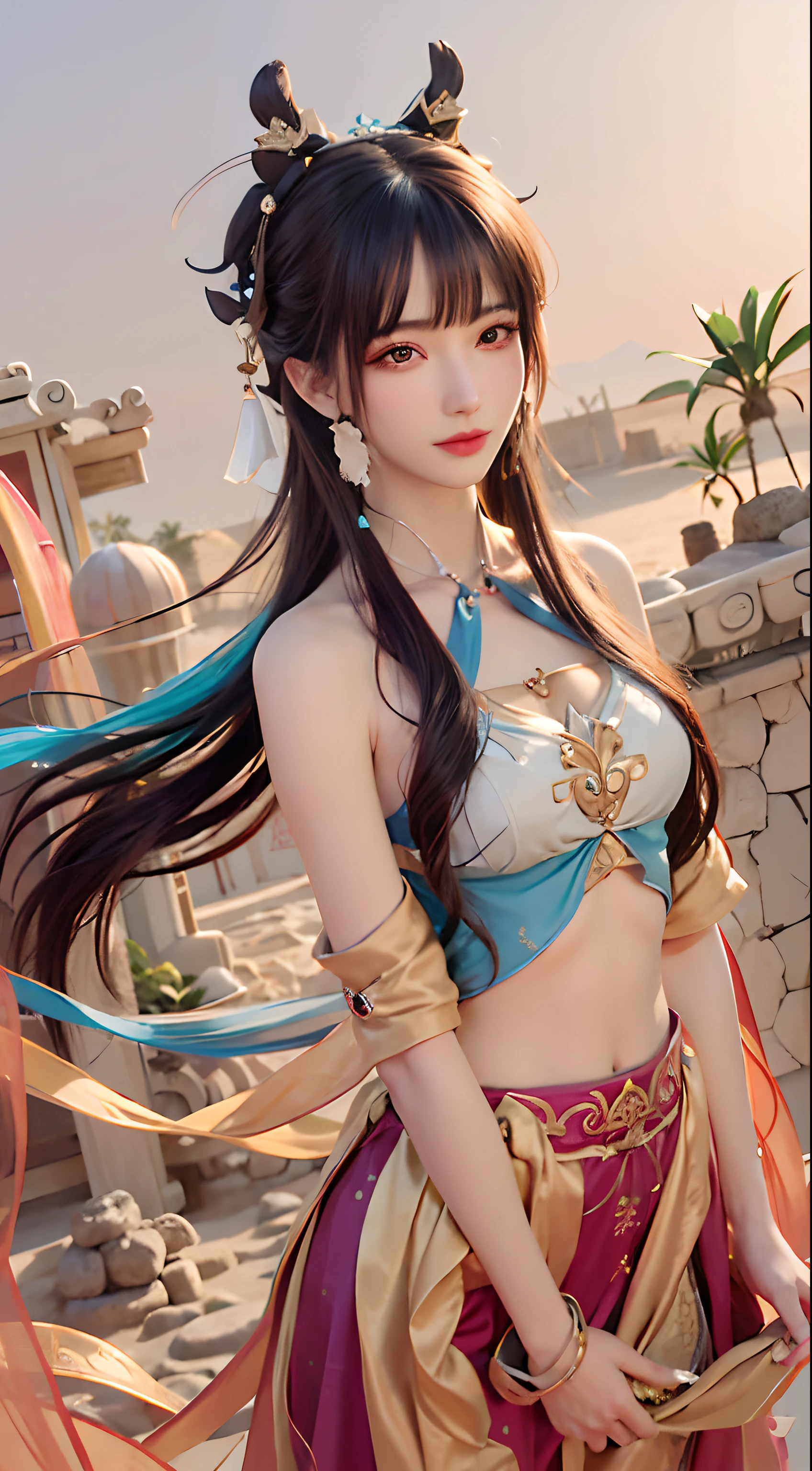 A woman in a costume poses for a photo in the desert, a beautiful fantasy empress, Inspired by Lan Ying, inspired by Du Qiong, full-body xianxia, Anime goddess, Keqing from Genshin Impact, ((a beautiful fantasy empress)), gorgeous chinese models, Aesthetic!!!!!! female elf, IG model | Art germ, Anime girl cosplay