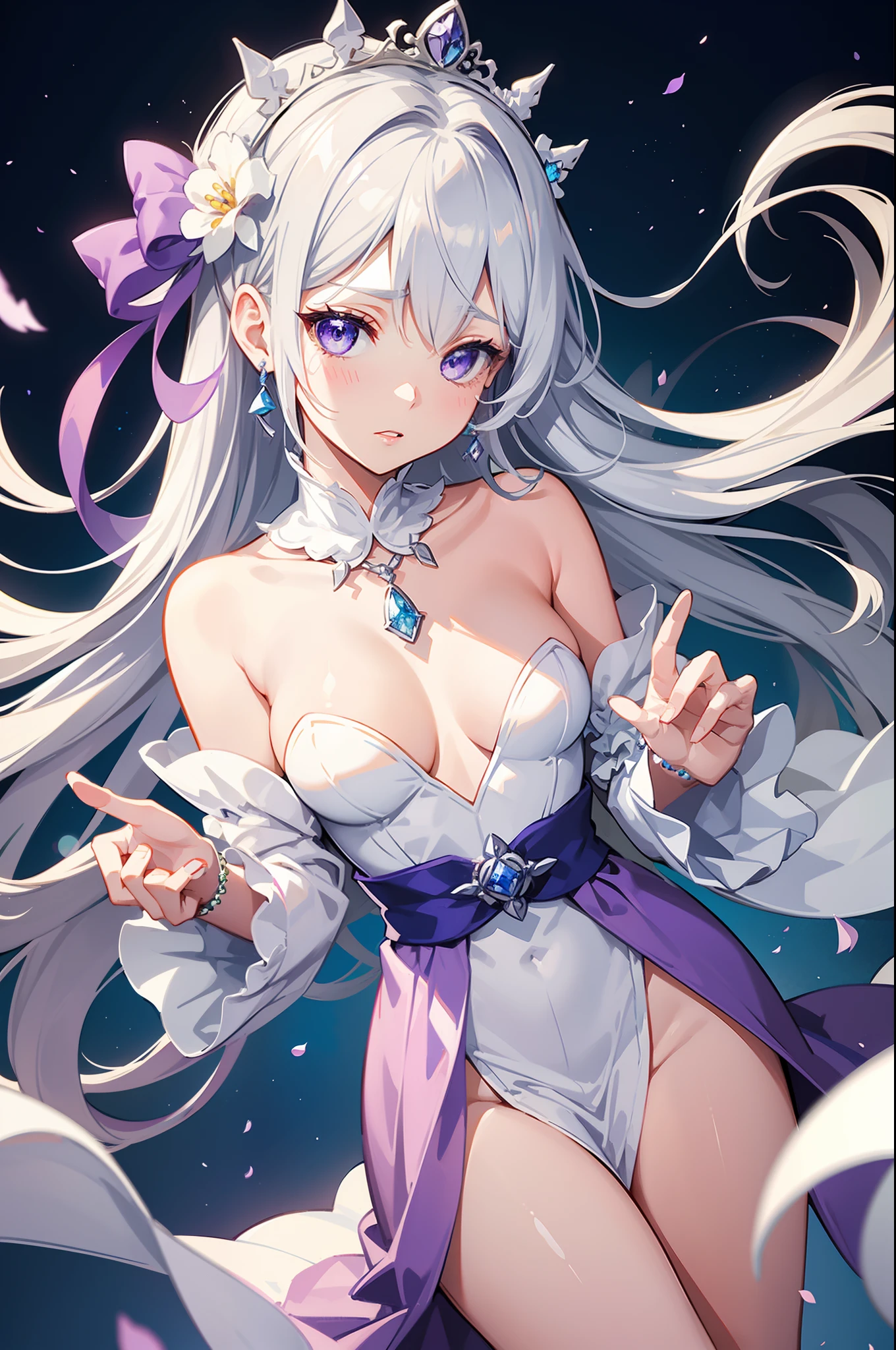 Emilia Re:Zero kara Hajimeru Isekai Seikatsu, gorgeous white and purple wedding dress, holding a bunch of flower, silk accesory, veil, grace hair style, flower flying effect, garden background, perfect body shape, small breast, empress and forzen aura, detailed skin, silver necklace, diamond ring, masterpieces, silver and light purple pupil, heavy make up, best quality anime 4k wallpaper quality, extreme eye detail, flower earring, belt, collar, silver crown