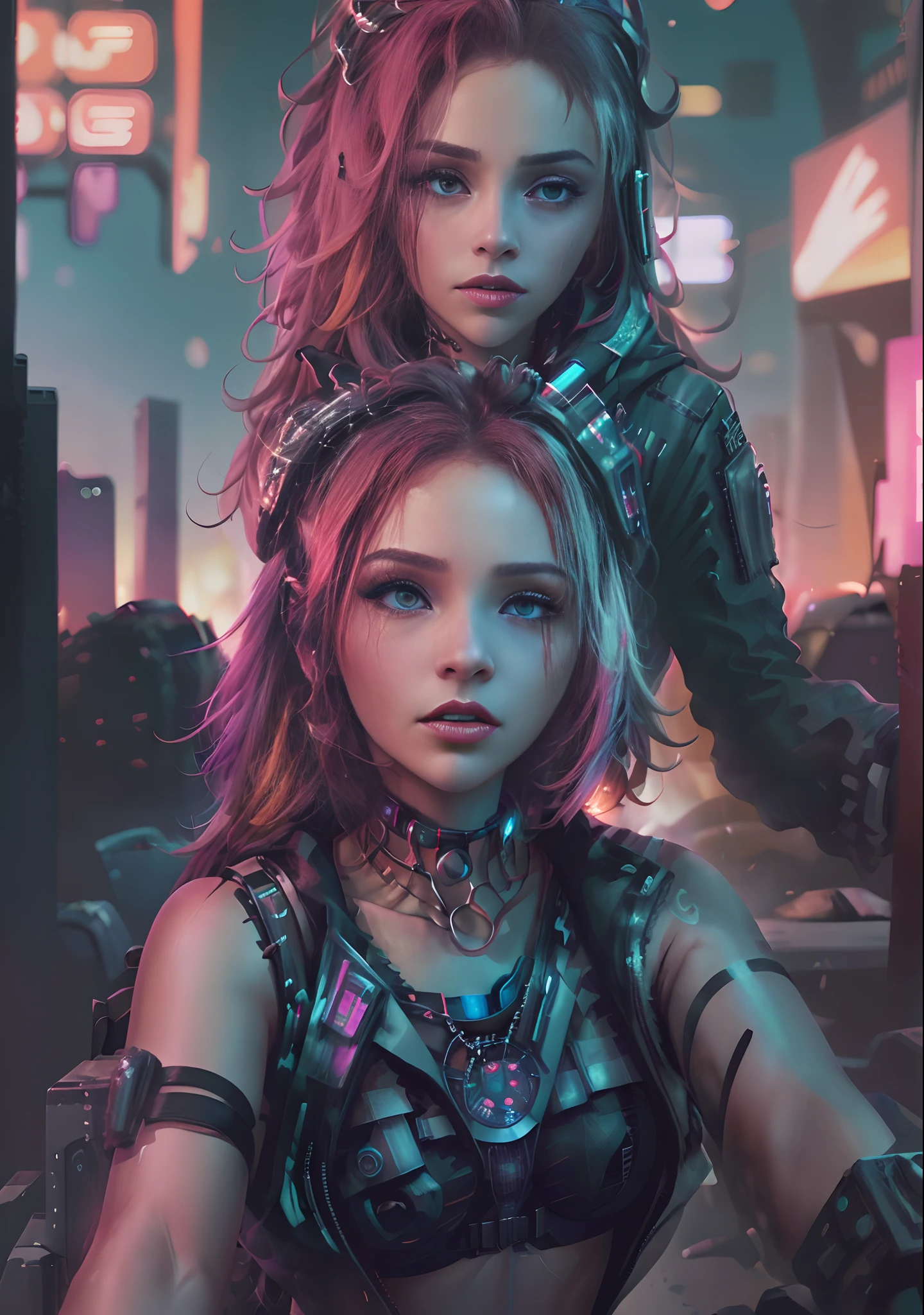 analog style, model shoot style, ((selfie:1.8)) of a girl, (1girl, young girl), (cyberpunk:1.8, cyberpunk city background:1.8), (long multicolored hair:1.4, pale skin:1.5), (from above:1.2),
((pretty  face: 1.7, perfect face:1.5)), (best quality:1.5, hyperrealistic:1.5, photorealistic:1.4, Madly detailed CG unity 8k wallpaper:1.5,
masterpiece:1.3, Madly detailed photo:1.2), (hyper-realistic lifelike texture:1.4, realistic eyes:1.2), (octane render, unreal engine 5),
(ecstasy of light and shadow:1.5, deep shadow:1.5), (sony a7, 50 mm, film grain:1.5, 4K UHD HDR),
(photo by lee jeffries, Greg Rutkowski and Magali Villanueva), single woman