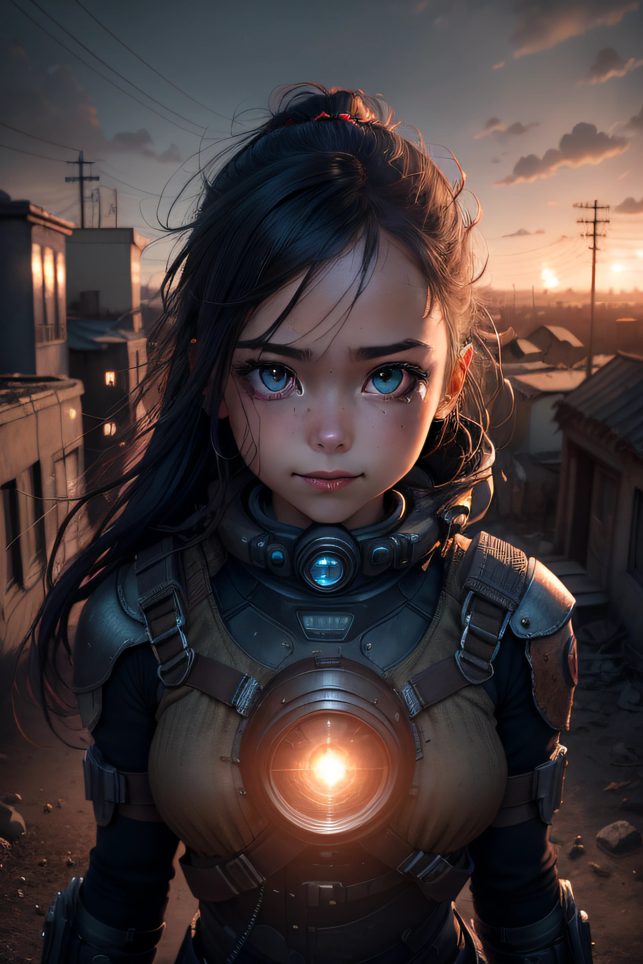 1girl from future, panic in her eyes, post apocalyptic town, dark, dusk, beautiful composition, wide shot, a light beam from outer space, top view, dynamic pose, smile