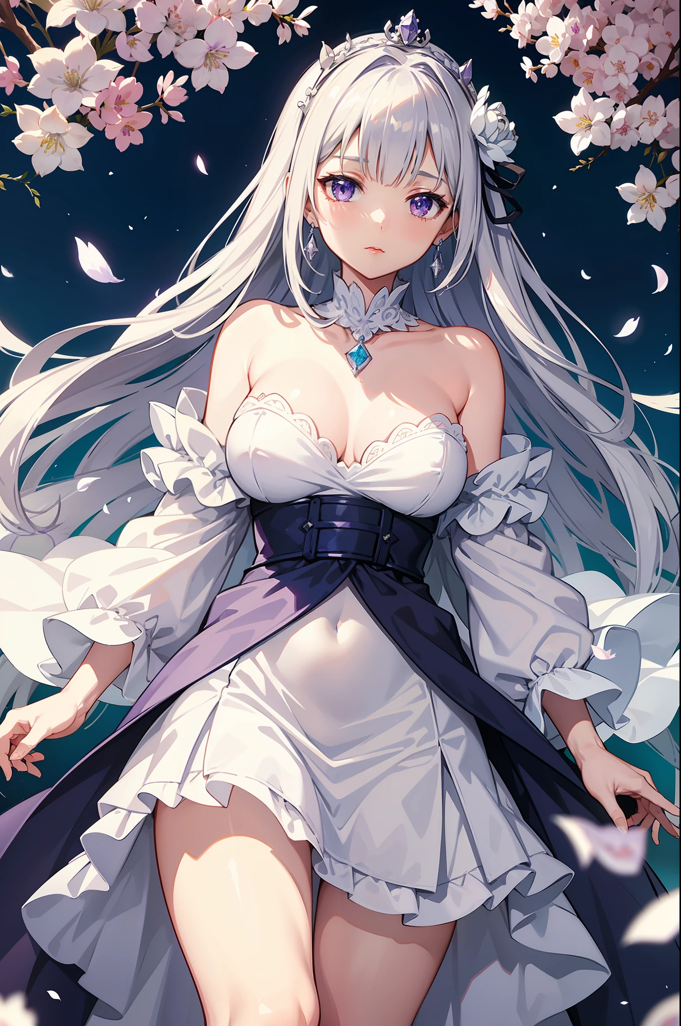 Emilia from Re:Zero kara Hajimeru Isekai Seikatsu, gorgeous white and purple wet wedding dress, holding a bunch of clematis, silk accesory, veil, grace hair style, flower flying effect, garden background, perfect body shape, small breast, empress and forzen aura, detailed skin, silver necklace, diamond ring, masterpieces, silver and light purple pupil, heavy make up, best quality anime 4k wallpaper quality, extreme eye detail, flower earring, belt, collar, silver crown