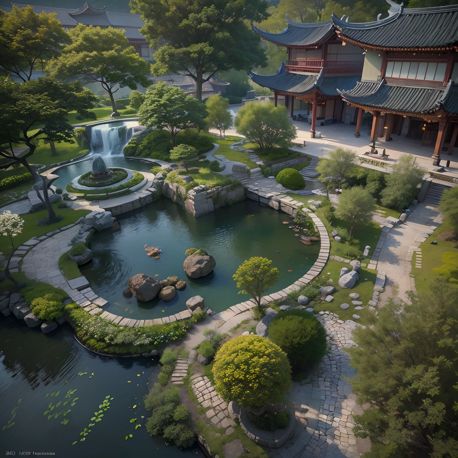 lakeside, ((waterfallr)), chinese mansion, Small rivers, Western-style garden, Garnish with flowers,detail-rich, A fusion of classic and modern, sonoko, Traditional elements, Modern design, Waterfront, luxury goods, Gorgeous, Pavilions, courtyard, Traditional Chinese roof, Modern interior decoration, Garden landscape, Original photos, wide lens shot, high resolution, hdr, Exquisite, k hd, 8K, Masterpieces, Artistry, magnifica, meticulous craftsmanship, Modern facilities, Seamless integration, Harmonious atmosphere, everlasting,Picturesque, (8K, RAW photo, Best quality, Masterpiece :1.2), (Realistic, photograph realistic :1.3)