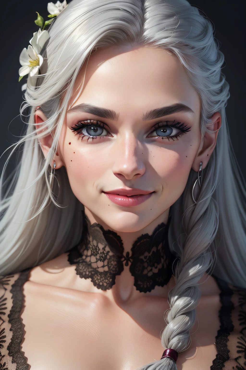 mole under eye, grey hair, makeup, smile, close-up, Romanticism, 8k, UHD, super detail, high details, highres
