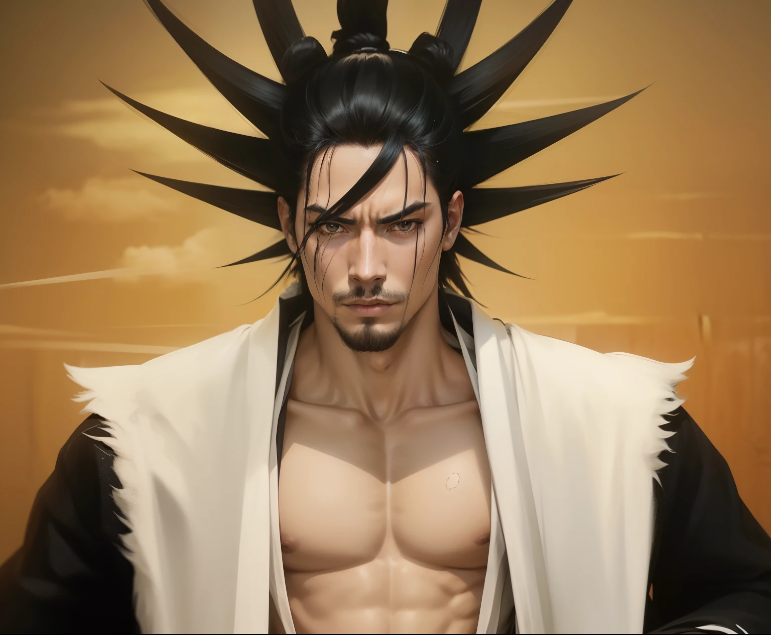 um personagem masculino (Foto RAW, 4k, master part, Res:, extremamente complexo) (Realistic: 1.4), Cinematic lighting, melhoria, esplendor, em uma colina, medieval\(Estilo\), (melhor qualidade), (alta qualidade) ),( Kenpachi Zaraki , tapa-olho esquerdo , cabelo preto espetado, Roupas japonesas, sangue, atmosfera),(Rosto 8k),(ULZZANG-6500:1.0),(soio),(Espectadores),olhar para o lado,( lado),(dia exuberante),((velocidade)),(realidade),master part, melhor qualidade, Estilo anime Bleach