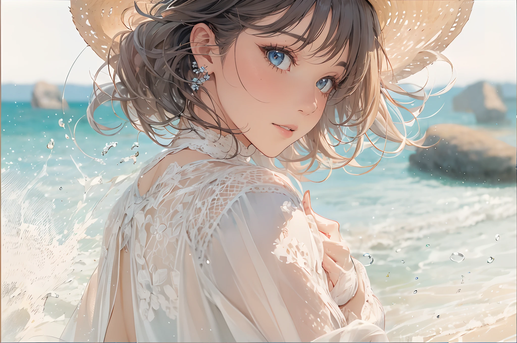 Anime girl with a straw hat on the beach - SeaArt AI