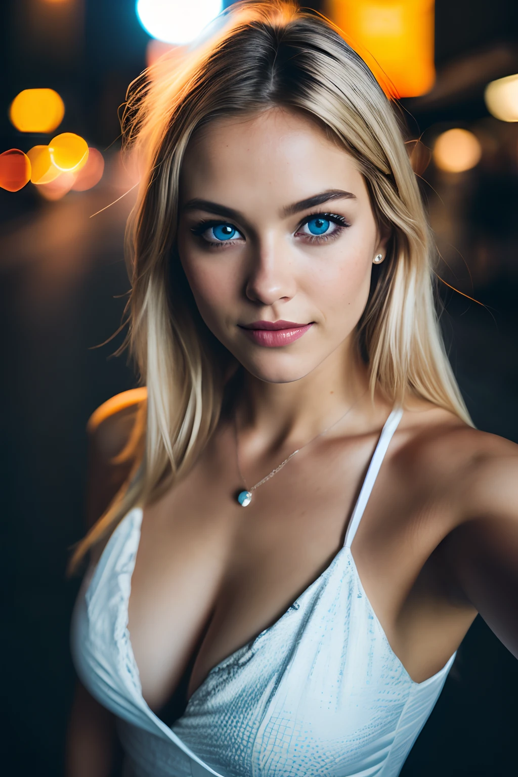 (selfie shot, from above: 1.4), (half-body portrait: 1.4), 24-year-old blonde (blue-eyed woman) walking in a bar RAW uhd portrait photo, natural breast_b, city background at night, (yellow sundress), (crack), detailed (texture!, hair!, shine, color!!, flaws: 1.1), highly detailed glowing eyes, (looking at camera), specular light, dslr, extreme quality, sharp focus, sharp, dof, Film grain, (centered), Fujifilm XT3, crystal clear, center of frame, cute face, sharp focus, street lamp, neon lights, bokeh, (dark light), low key, night, (night sky ) detailed skin pores, oil Dark skin, brown, complex eye details