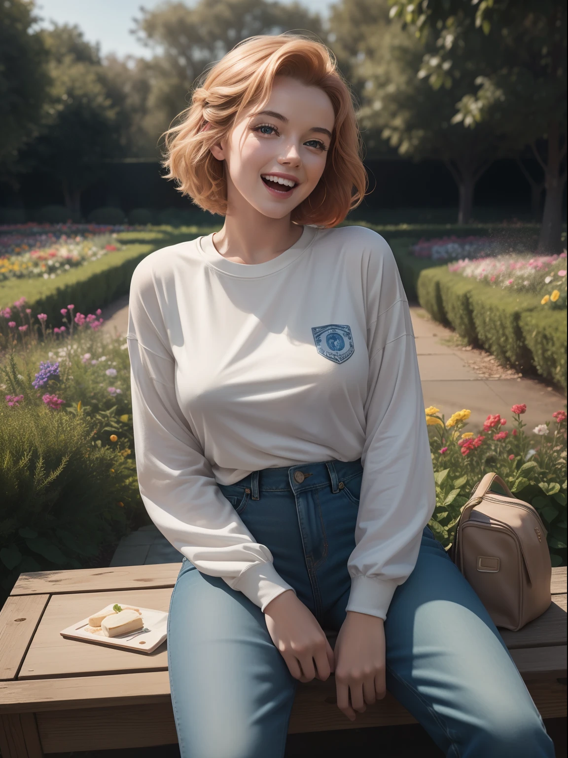 (masterpiece, best quality, high quality, highres, ultra-detailed) An OverallDetail  cinematic color digital photograph of a 20 years old, 36B Cup,  gorgeous appealing amative red haired woman [Marilyn Monroe : Maude Adams : 0.50] looking at viewer gently, outdoor romantic dating, ornated (long sleeve t-shirt outfit and blue jeans trouser:1.2), (light laugh:1.2), sit on picnic mat in an (outdoor:1.2) flower garden with beautiful scene view, detailed face, insanely detailed and intricate, crisp sharp and clear, volumetric lighting, ultra-high resolution, masterpiece photography work of Annie Leinovitz, insanely detailed and intricate, centered, professional Lightroom Color Grading by Kenneth Hines Jr.