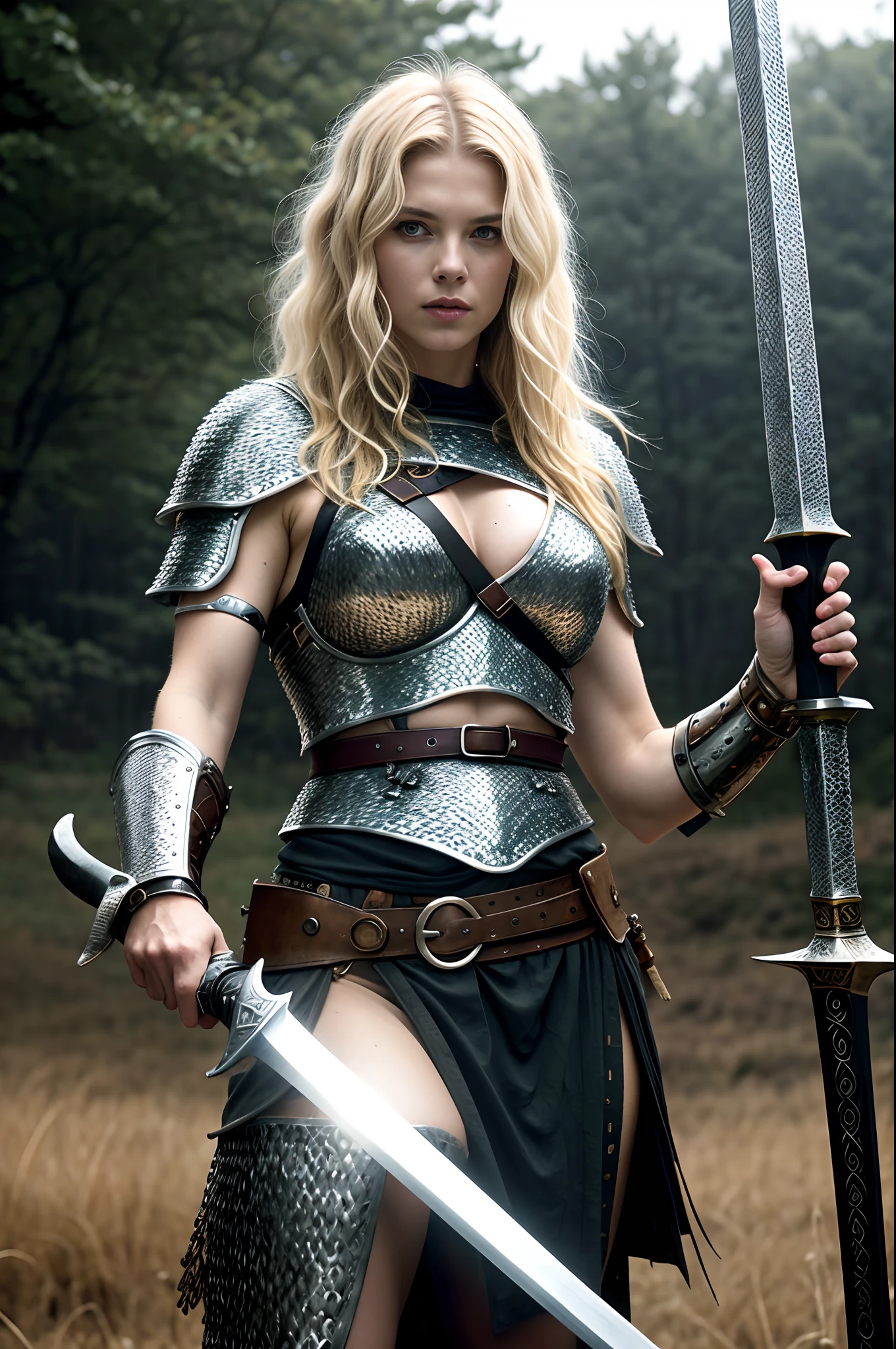 Masterpiece, a beautiful Viking woman, ((Marilyn Monroe:Michelle Pfeiffer:0.5)), (chainmail armor), (medium breasts), (perfect body), (blonde matted hair), (short hairstyle), welding a sword, outside, dirty, spattered with blood,(skin texture:1.1), best quality, ultra high res, Raw photo, Nikon D850, backlight, rimlight, bright sunlight, film grain:1.2, (warm hue, warm tone:1.2), (color photo), fantasy battlefield background, slaying another warrior