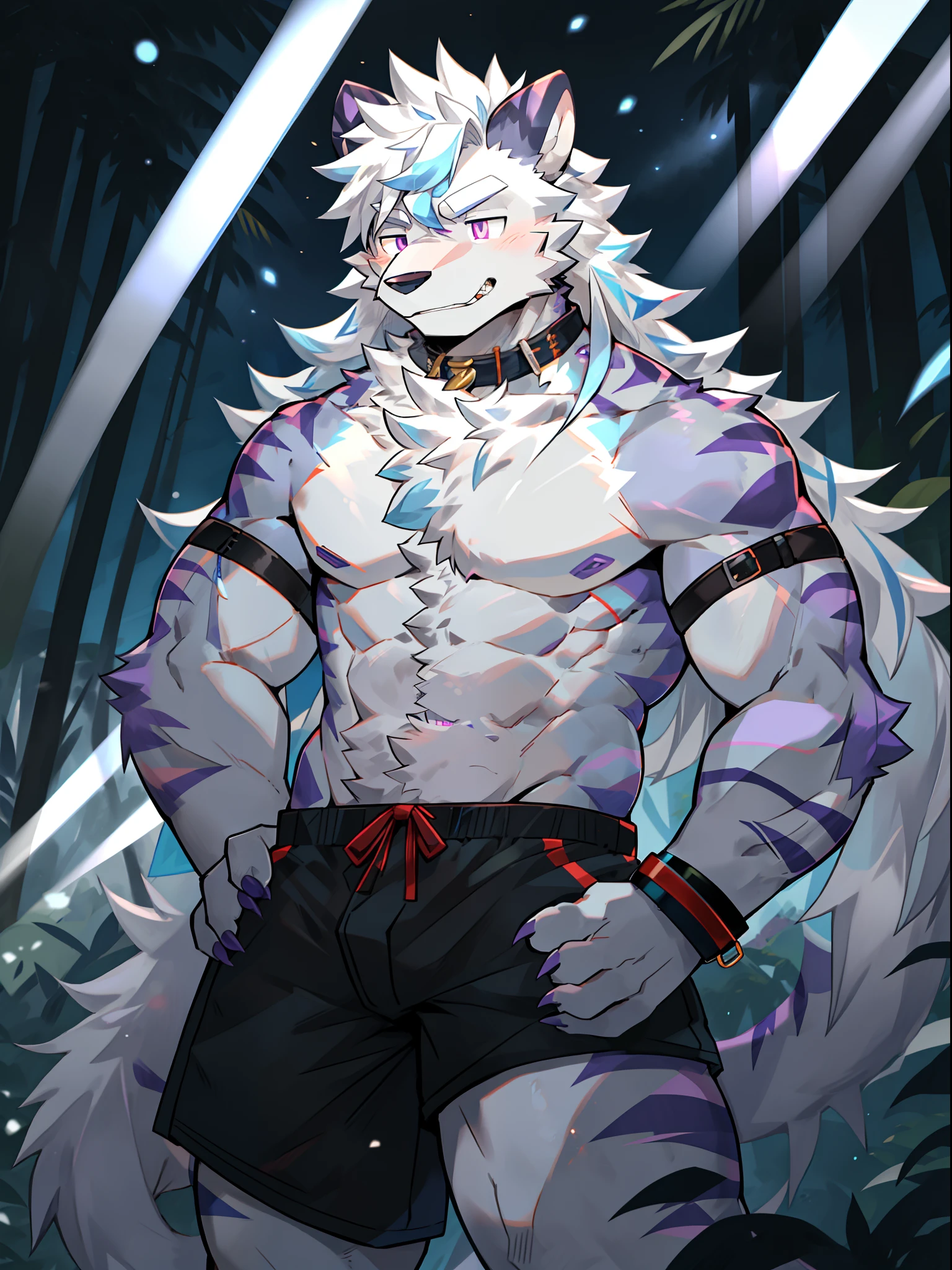 One guy,独奏,Full body like,shaggy male,hairy bodies,Correct human anatomy,Detailed double eyes,glowing light eyes,long white hair,Dragon and wolf combined,shoun(thin tall body type),male people,There are small horns on the head,Gray fur,Purple stripes,red striped,Purple eye,Sharp claws,Cute meat pad,Collar,Police shackles,adolable,Handsome,Evil charm,haughty,big wolf tail,full bodyesbian,rainforests,summer day,rays of sunshine,Black shorts,blue stripe,Sports socks,climb,Professional and meticulous lighting