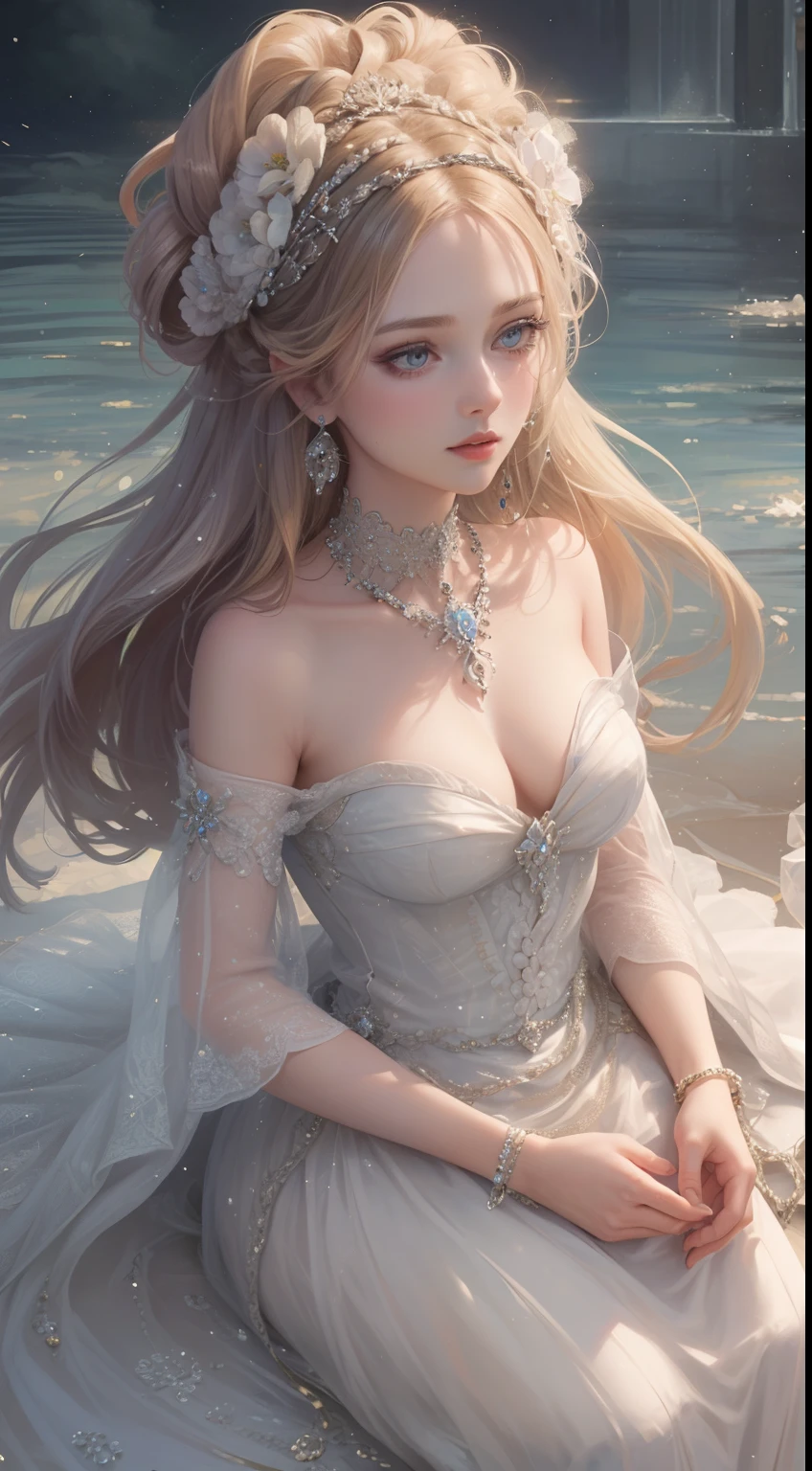 (Ultra-high quality masterpiece,Beautiful bust of an 18-year-old noble girl,Delicate classical coiled hair,Braided hair,The eyes are shiny and clear,Floral craftsmanship,crystal、Diamond jewelry,Ultra-fine details,Soft lighting)
