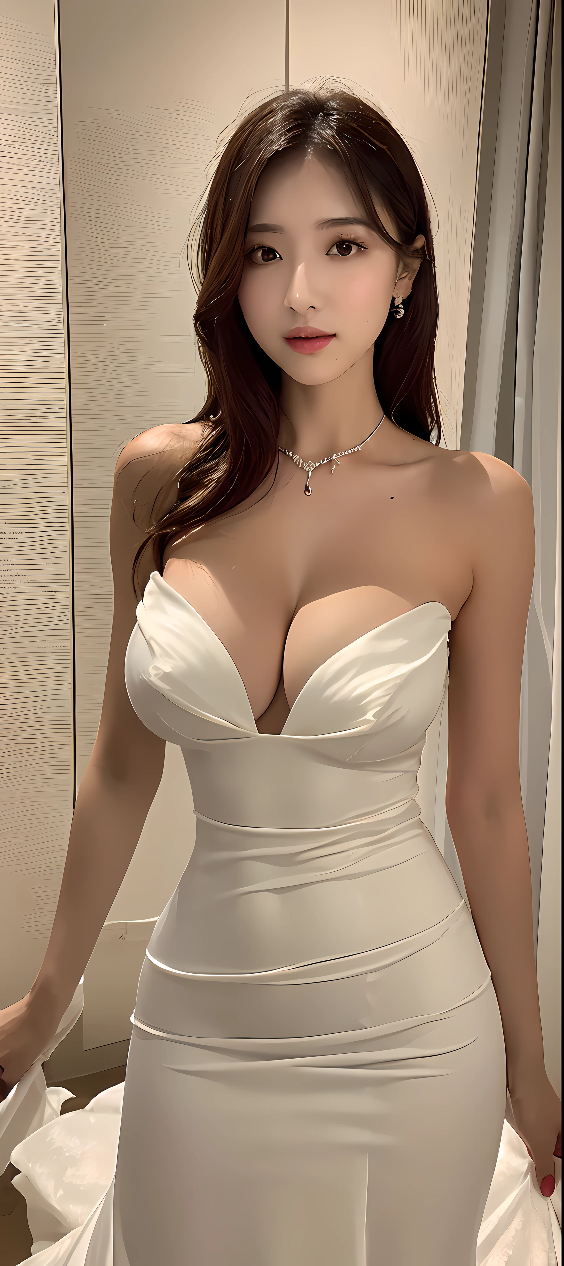 （8K， Highest high resolution：1.3）， 1 girl with a perfect body， Super fine face，eyes with brightness，random hair style， Shoulders exposed，((Bandeau dress，wedding gown，tight-fitting，huge tit))， Expose cleavage，Exposing thighs